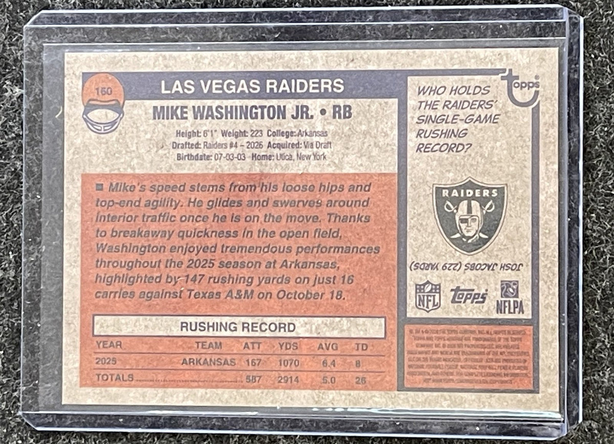 2026 Topps Heritage #160 Mike Washington Jr. Black Border Las Vegas Raiders RC back