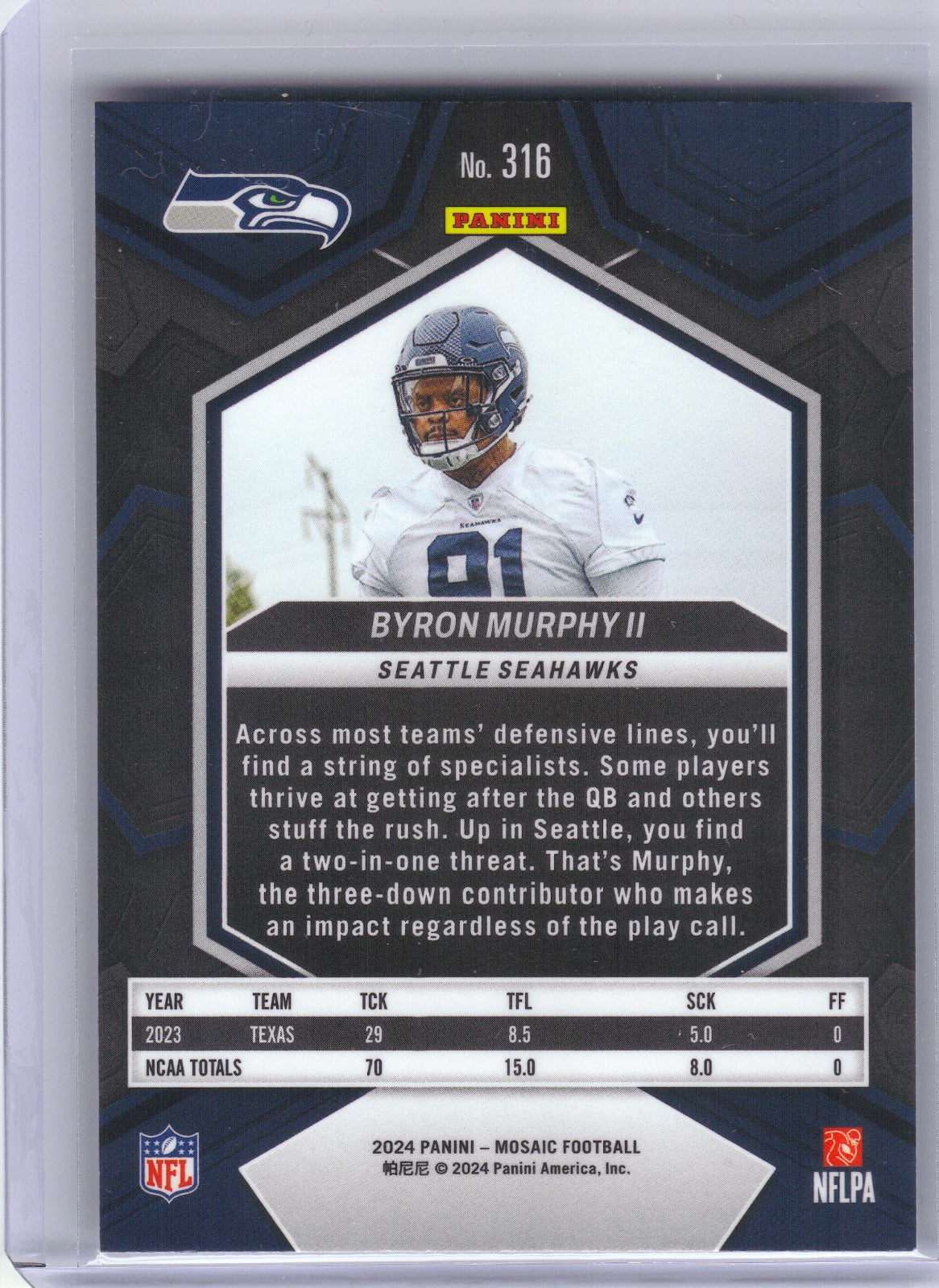 Byron Murphy II Seattle Seahawks 2024 Panini Mosaic #316 RC (Back)
