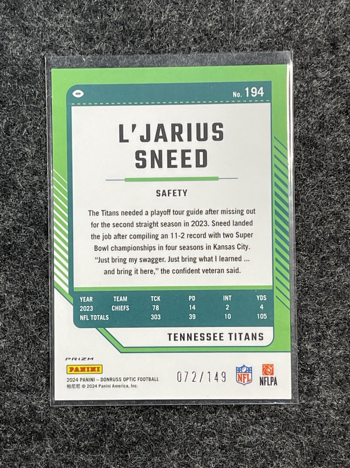 2024 Donruss Optic #194 L'Jarius Sneed Flex #/149 Tennessee Titans SN