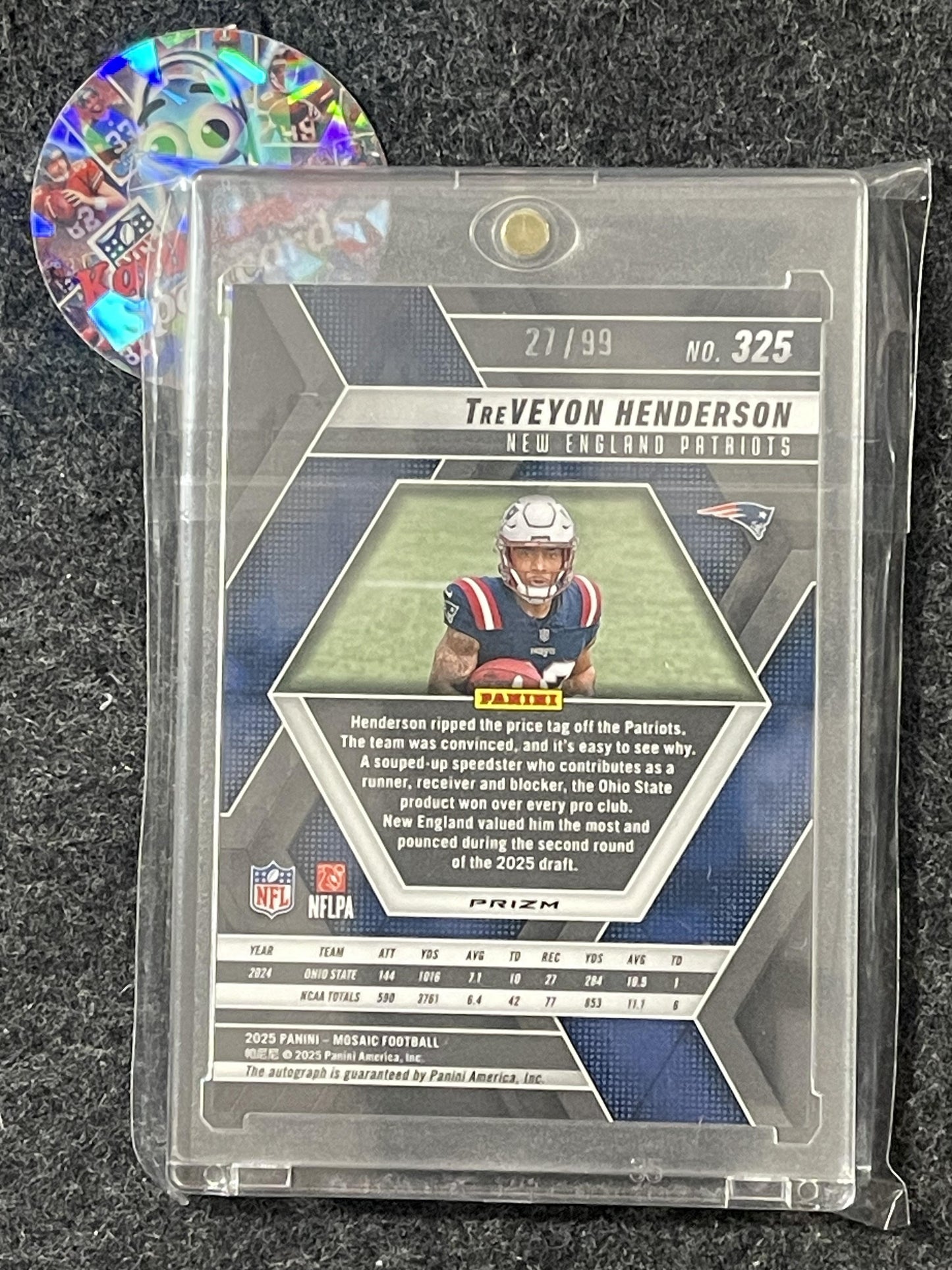 2025 Panini Mosaic #325 TreVeyon Henderson Rookie Autographs Mosaic Blue #/99 New England Patriots SN,RC,AU