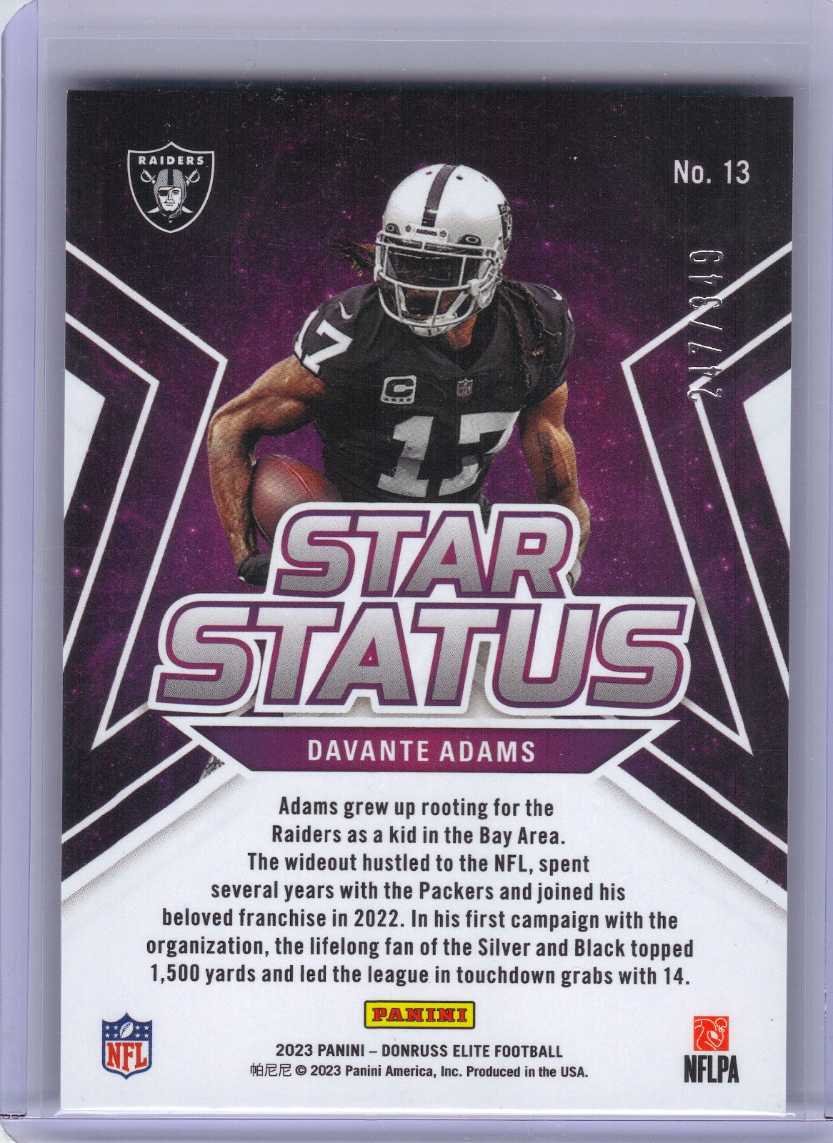 Davante Adams Las Vegas Raiders 2023 Donruss Elite - Star Status Purple #13 /349 (Back)