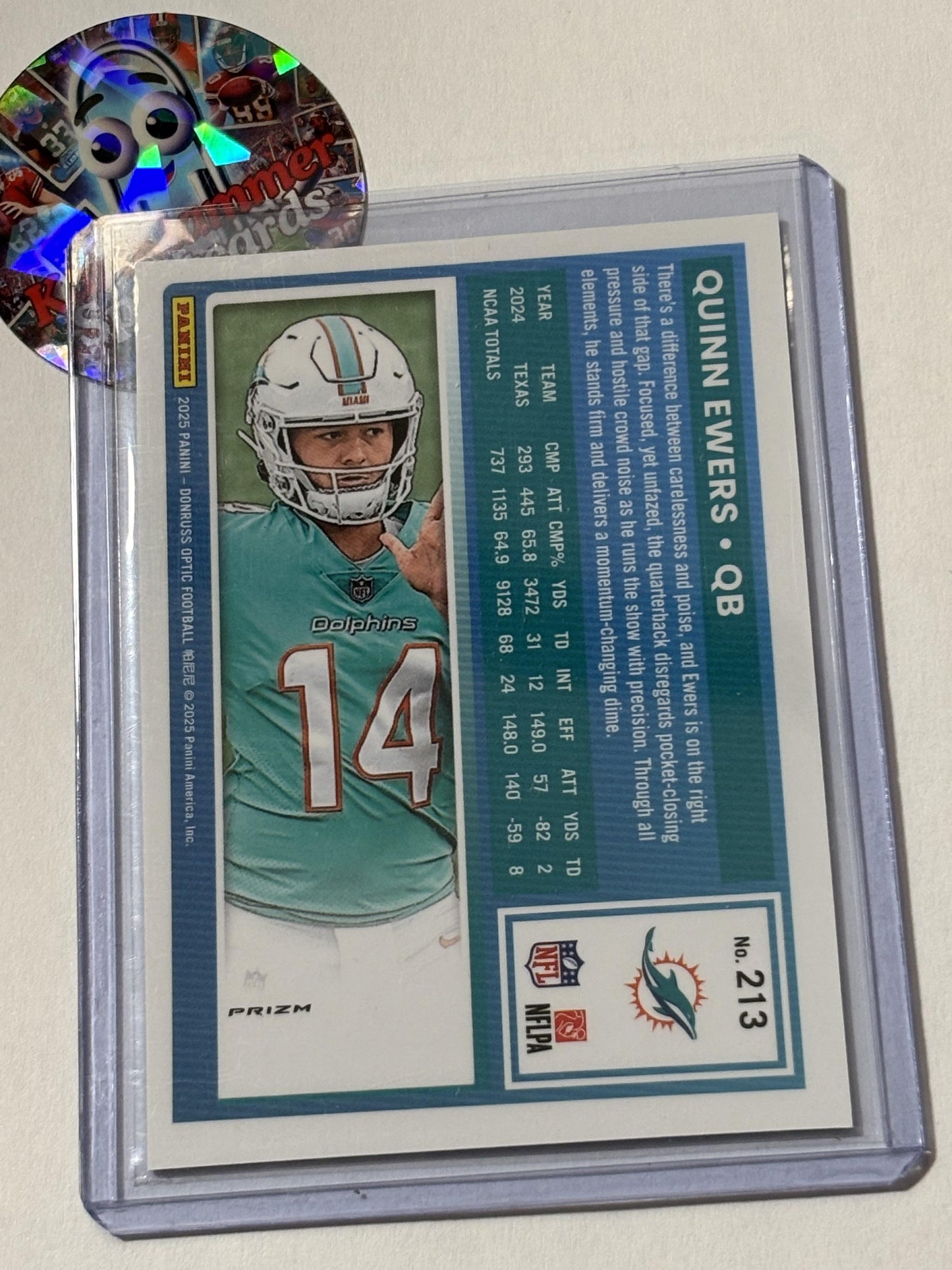 2025 Donruss Optic #213 Quinn Ewers Purple Shock Miami Dolphins RC