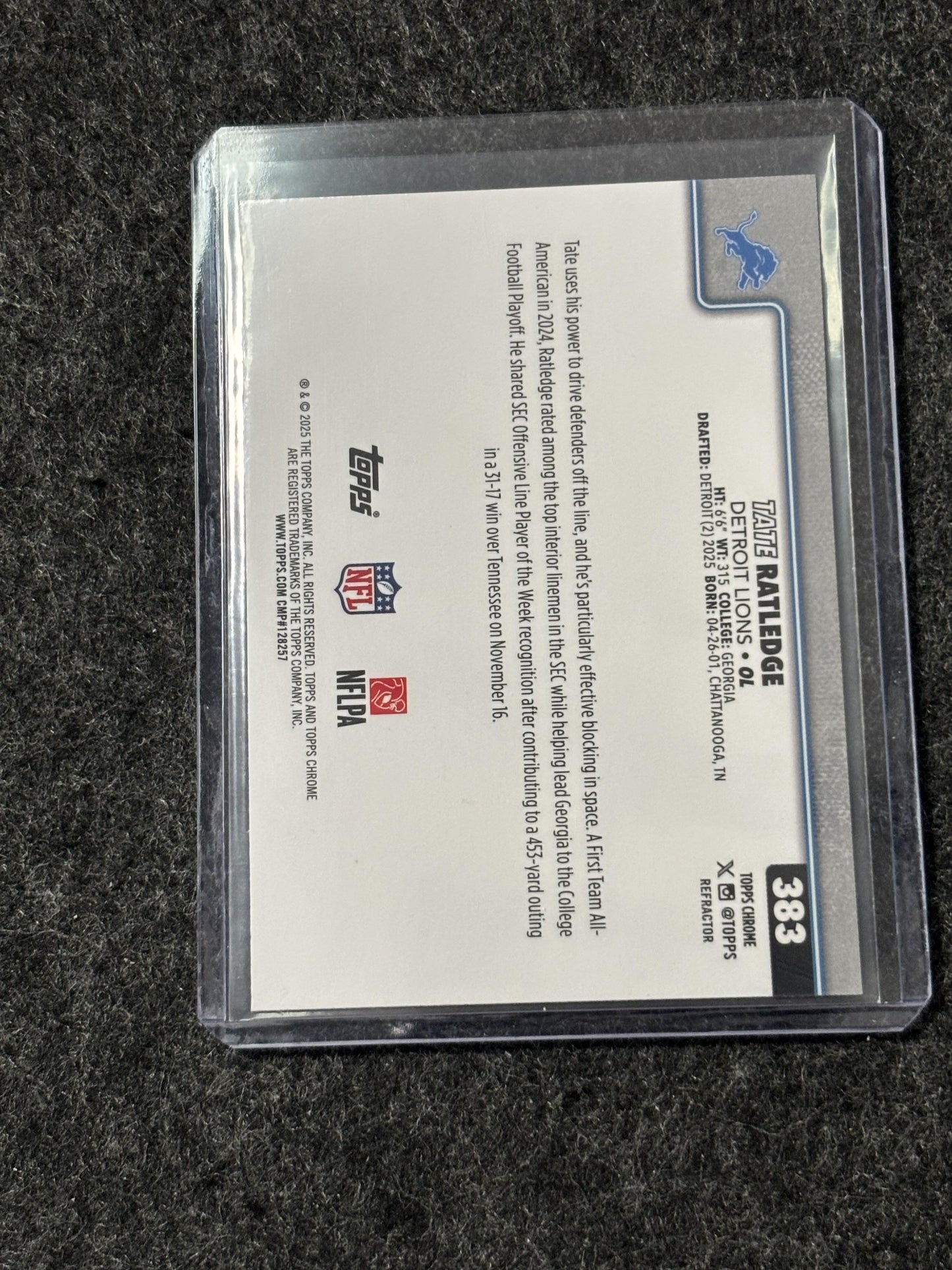 2025 Topps Chrome Football #383 Tate Ratledge Refractor Detroit Lions
