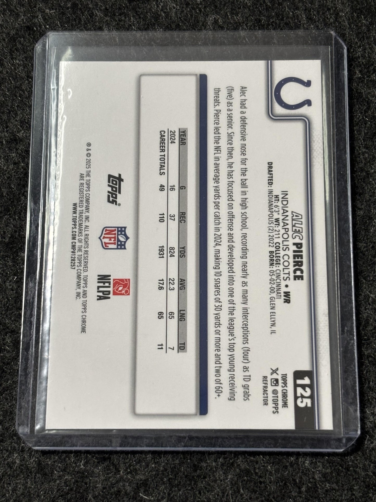 2025 Topps Chrome Football #125 Alec Pierce Refractor Indianapolis Colts