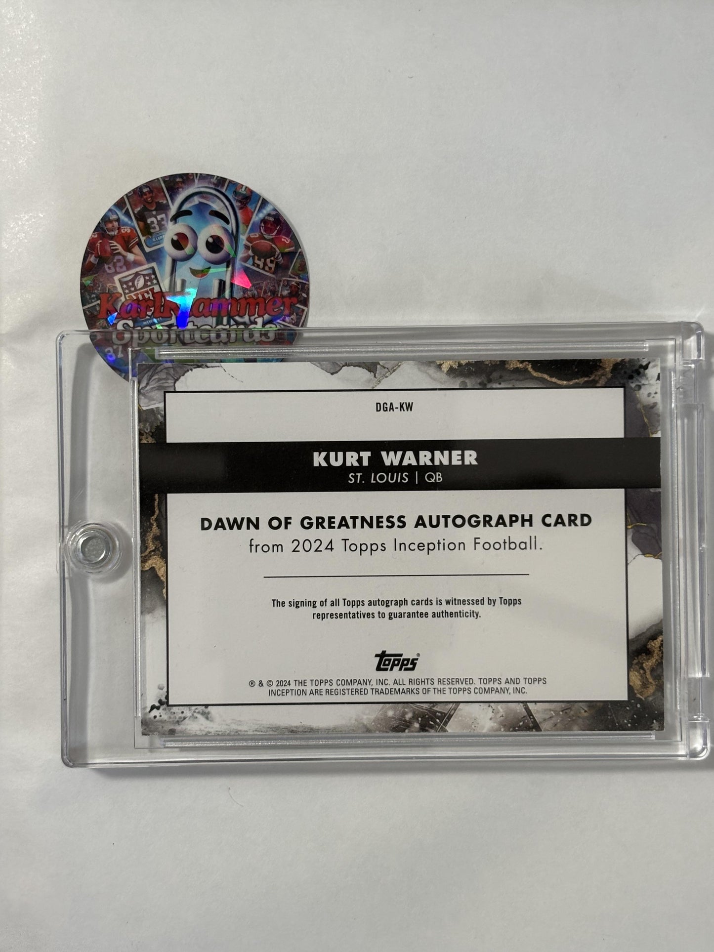 2024 Topps Inception #DGA-KW Kurt Warner Dawn of Greatness Autographs Blue #/5 St. Louis Rams SN,AU