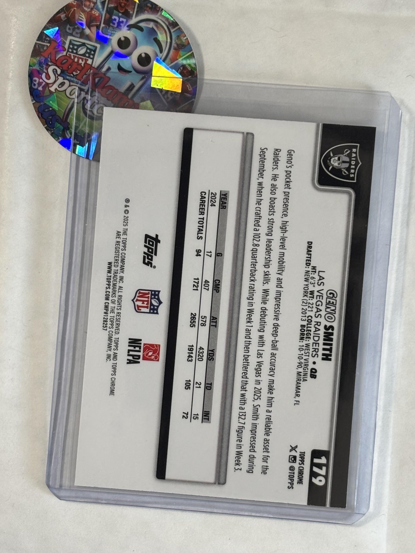 2025 Topps Chrome #179 Geno Smith Red Wave Refractor #/5 Las Vegas Raiders SN