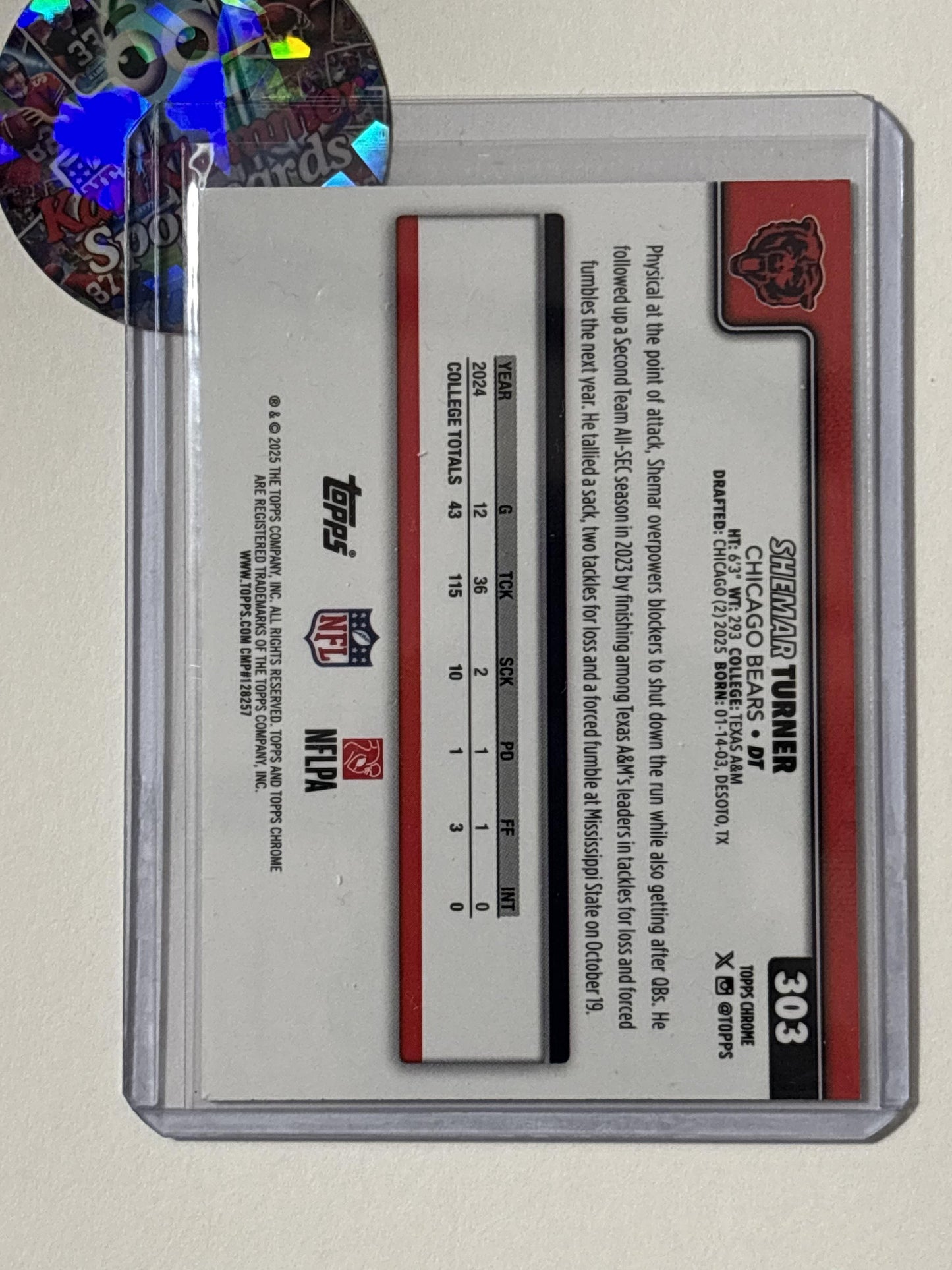 2025 Topps Chrome #303 Shemar Turner Chicago Bears RC