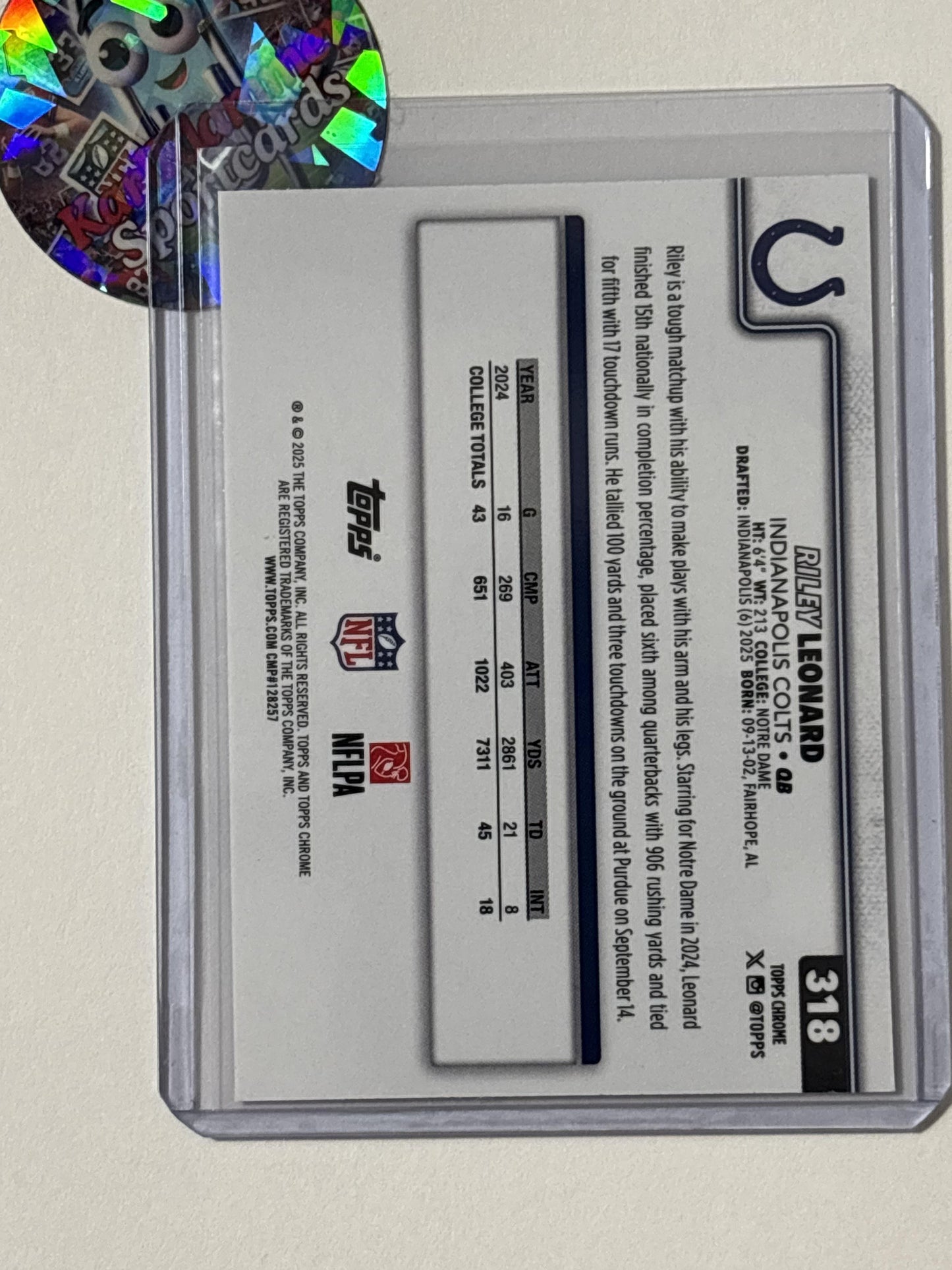 2025 Topps Chrome #318 Riley Leonard Indianapolis Colts RC