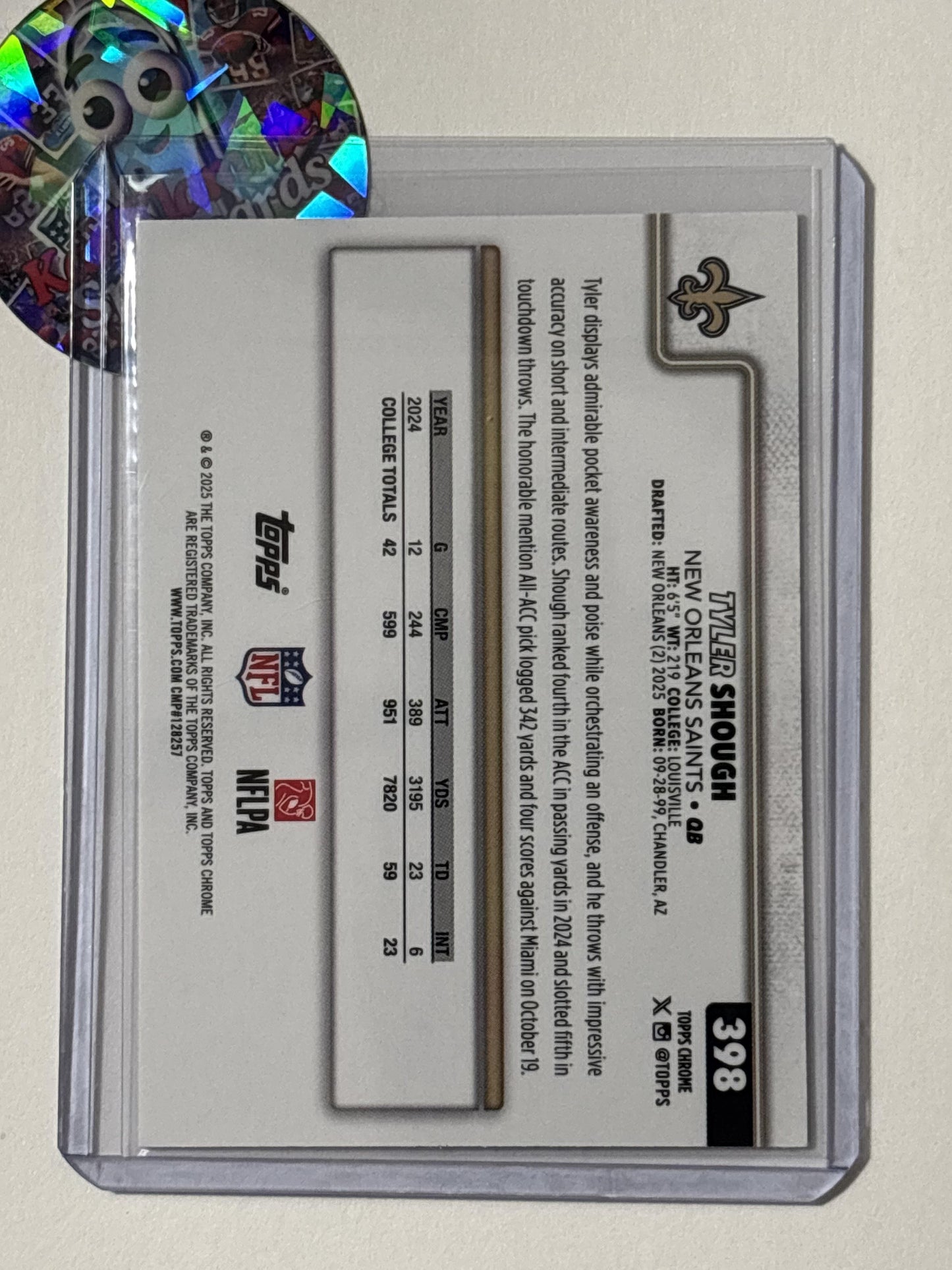 2025 Topps Chrome #398 Tyler Shough Pulsar Refractor New Orleans Saints RC
