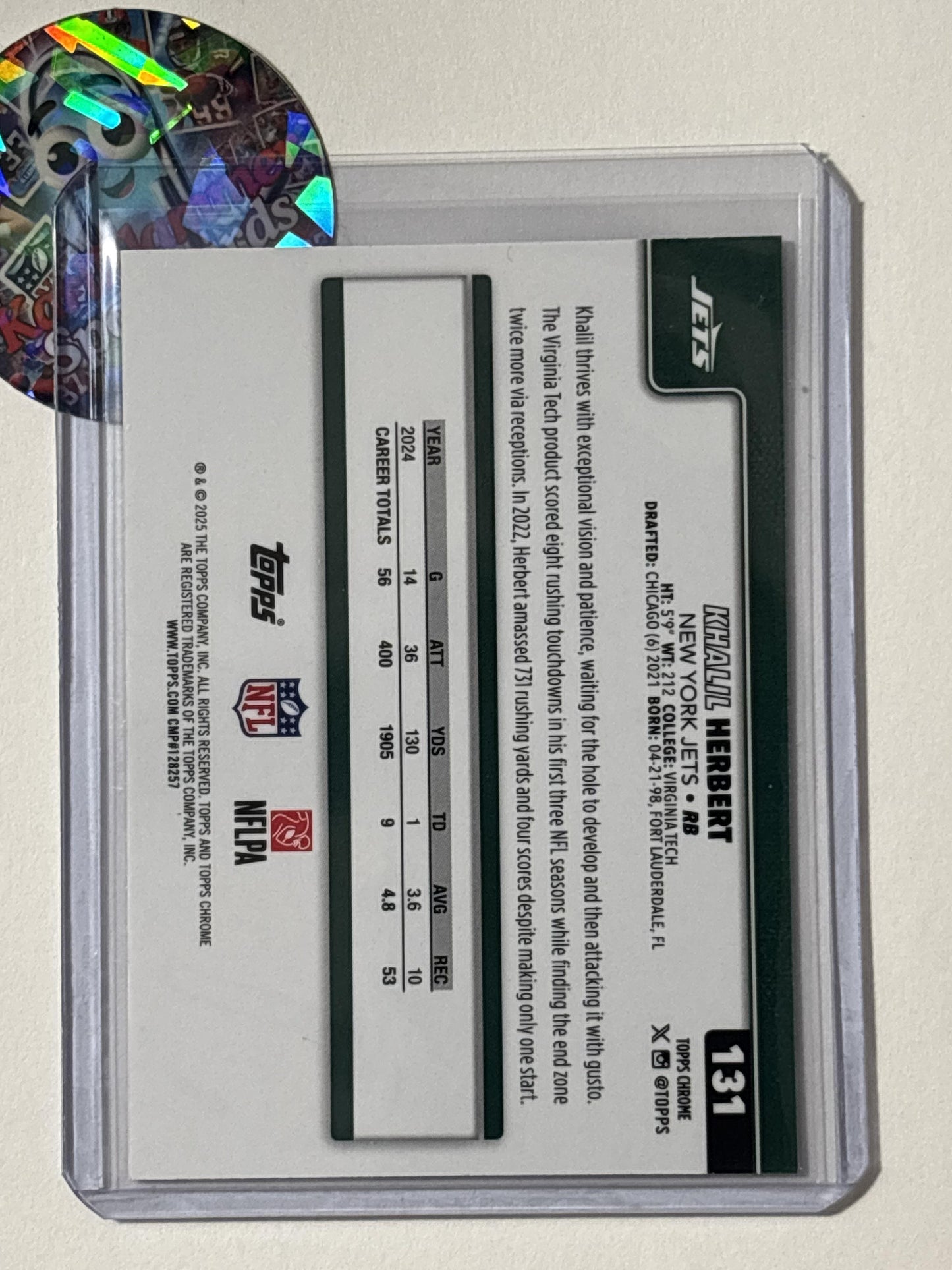 2025 Topps Chrome #131 Khalil Herbert Football Leather Refractor New York Jets