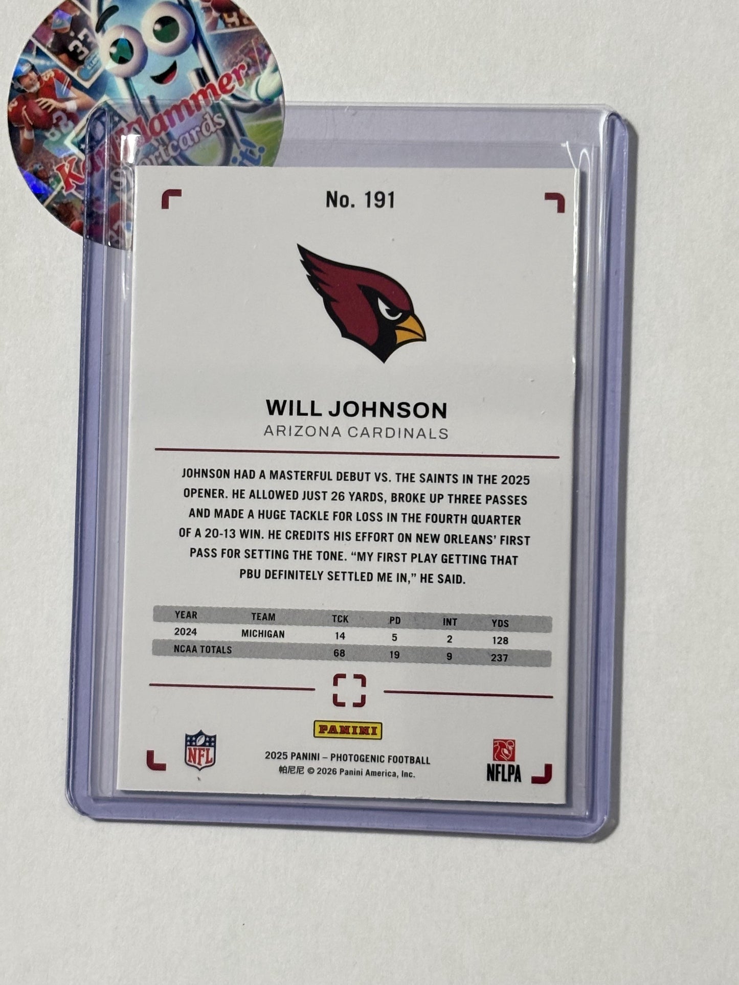 2025 Panini Photogenic #191 Will Johnson Teal #/35 Arizona Cardinals SN,RC