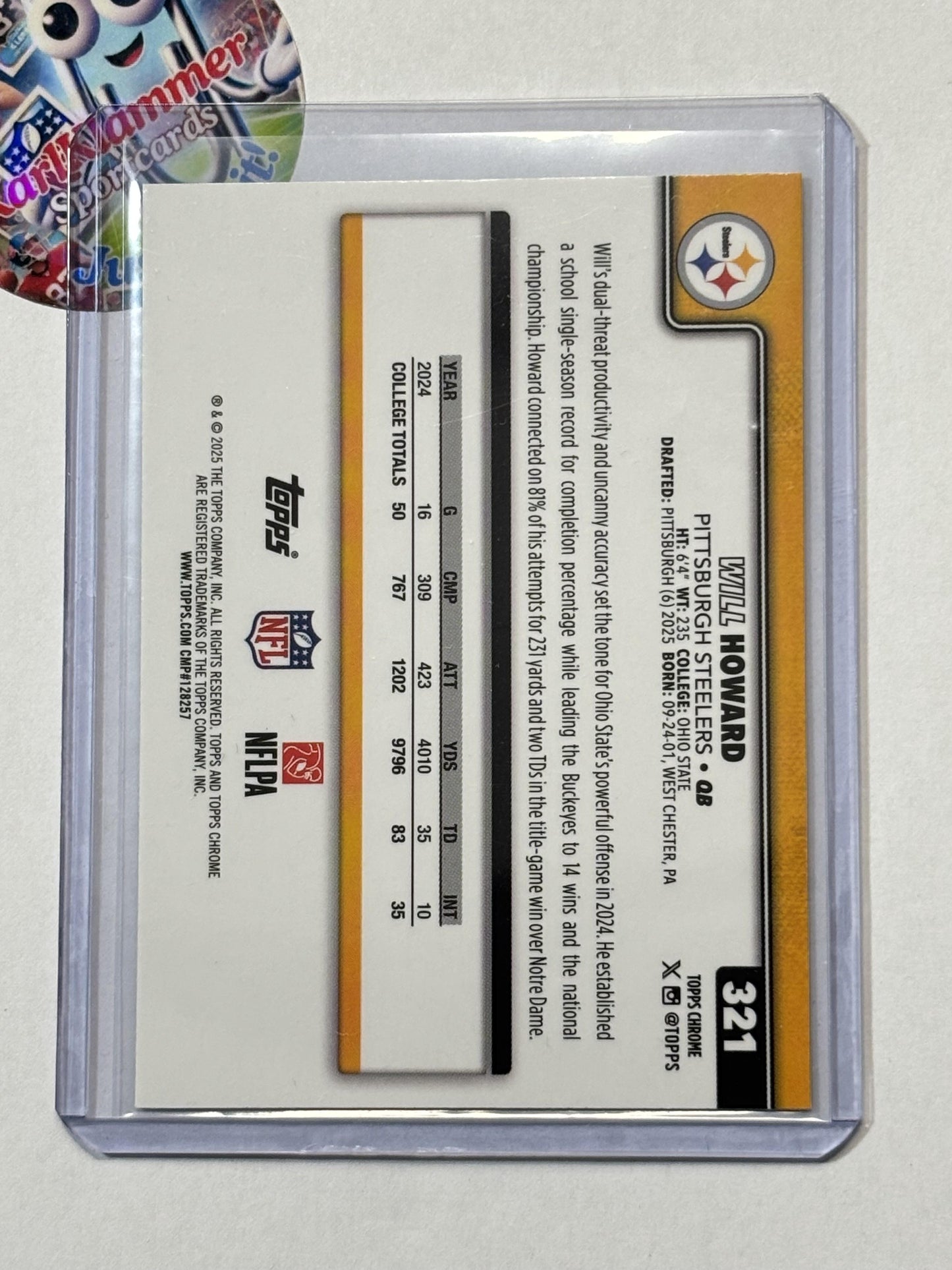 2025 Topps Chrome #321 Will Howard Lime Green X-Fractor Pittsburgh Steelers RC
