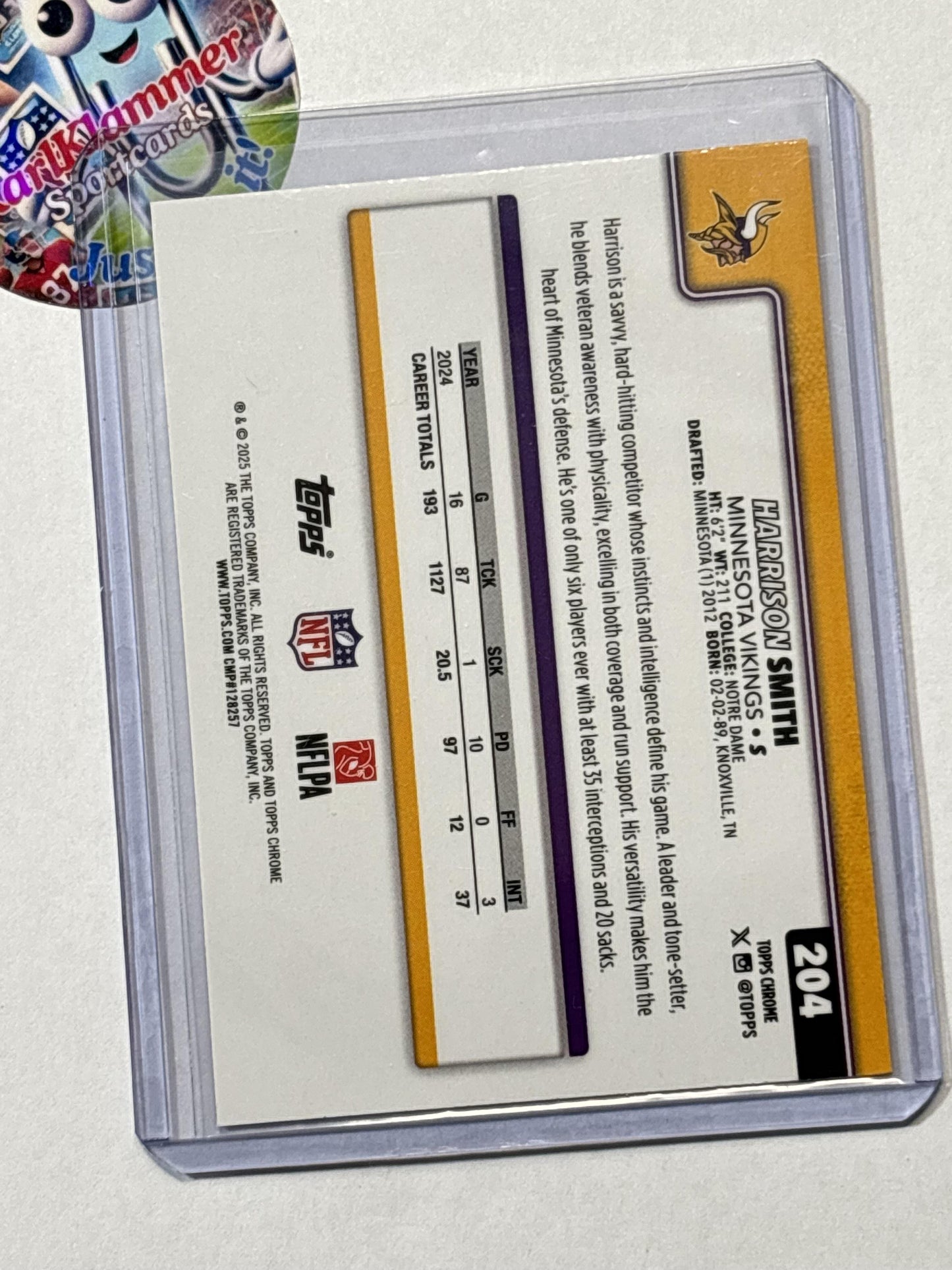 2025 Topps Chrome #204 Harrison Smith Hot Pink X-Fractor Minnesota Vikings