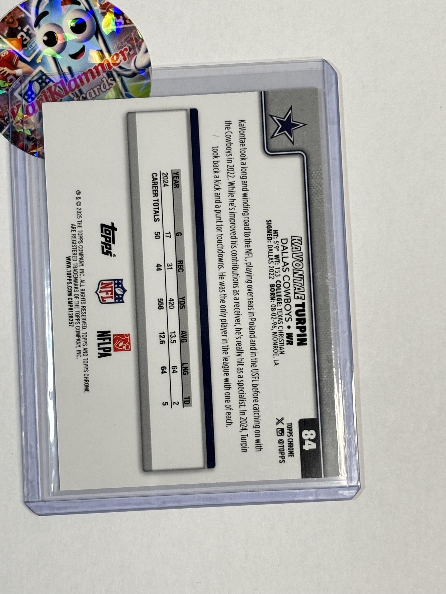 2025 Topps Chrome #84 KaVontae Turpin Pink Wave Refractor #/250 Dallas Cowboys SN