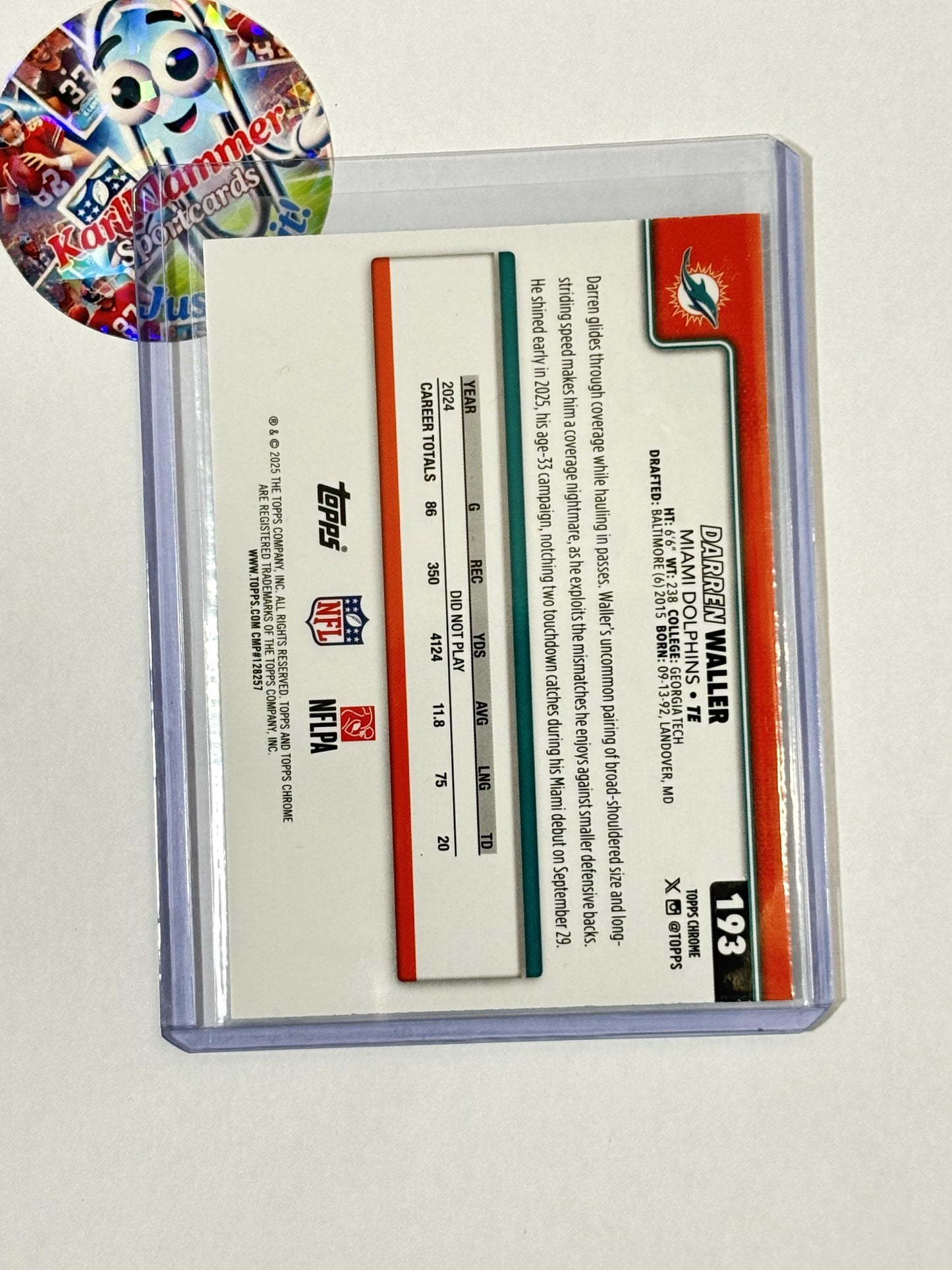 2025 Topps Chrome #193 Darren Waller Aqua Refractor #/199 Miami Dolphins SN