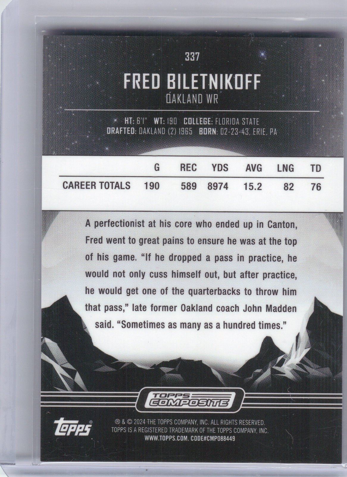 Fred Biletnikoff Oakland Raiders 2023 Topps Composite #337 (Back)