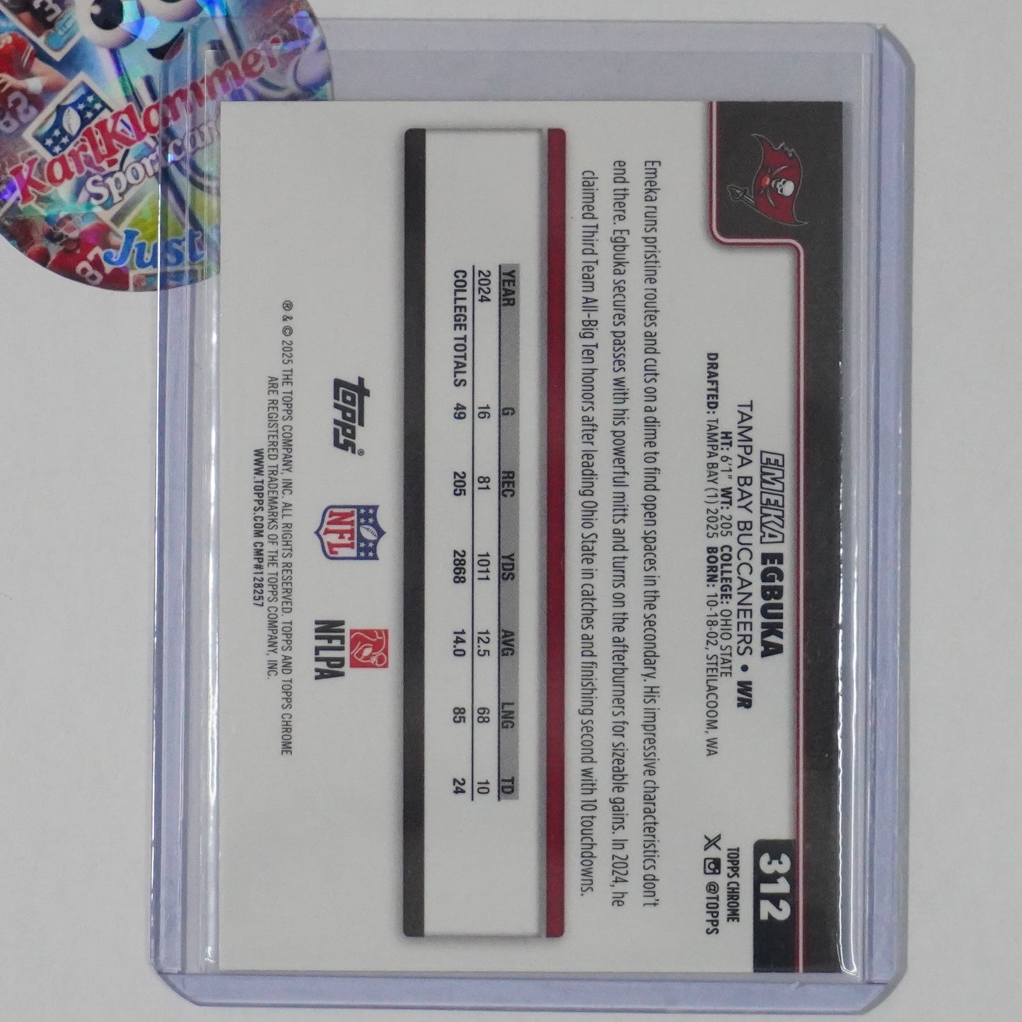 2025 Topps Chrome #312 Emeka Egbuka Football Leather Refractor Buccaneers RC