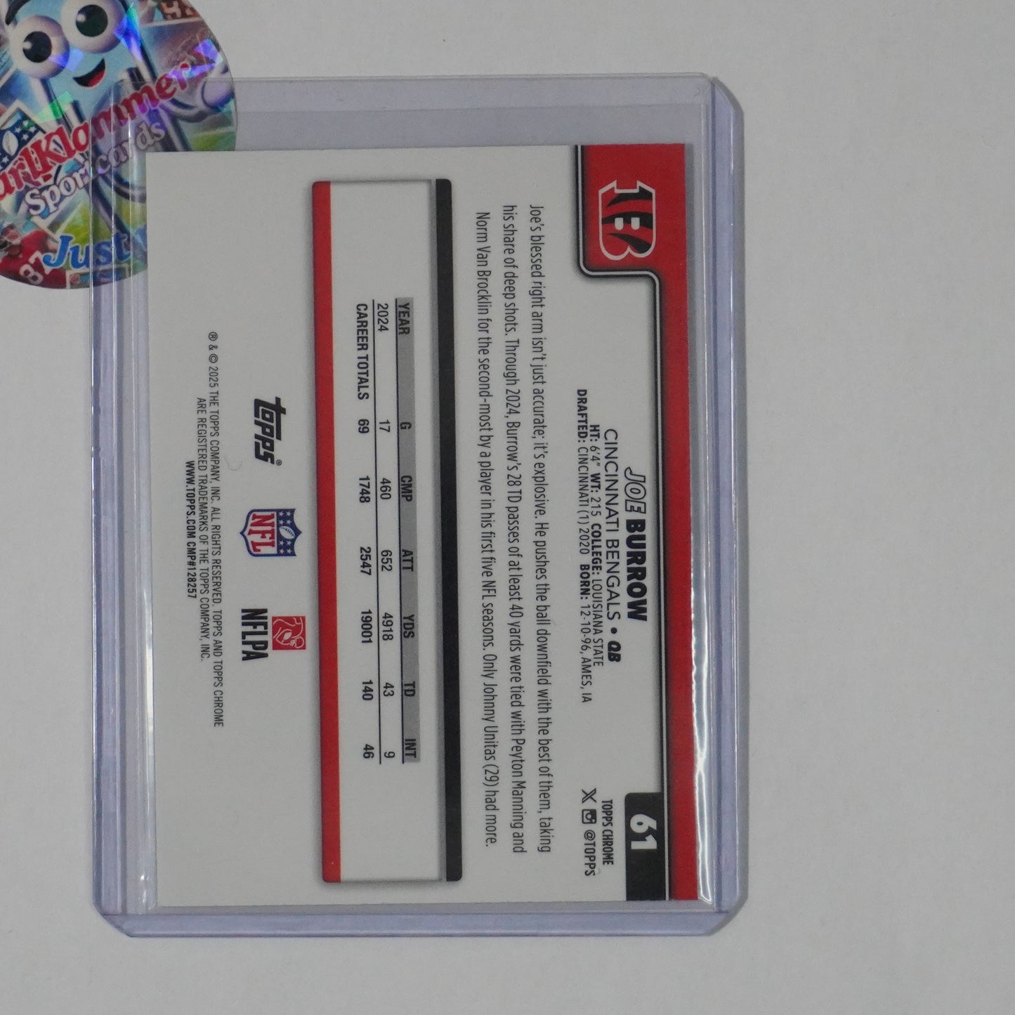 2025 Topps Chrome #61 Joe Burrow Ray Wave Refractor Cincinnati Bengals