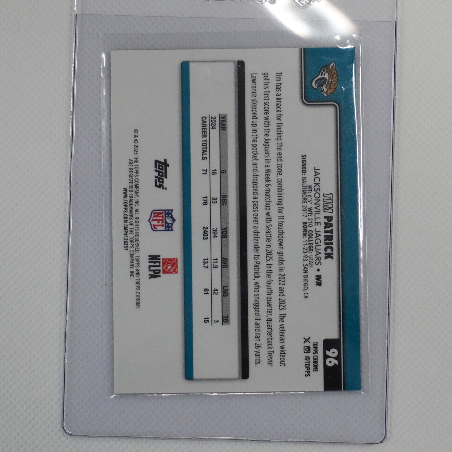 2025 Topps Chrome #96 Tim Patrick Gold Refractor #/50 Jacksonville Jaguars SN