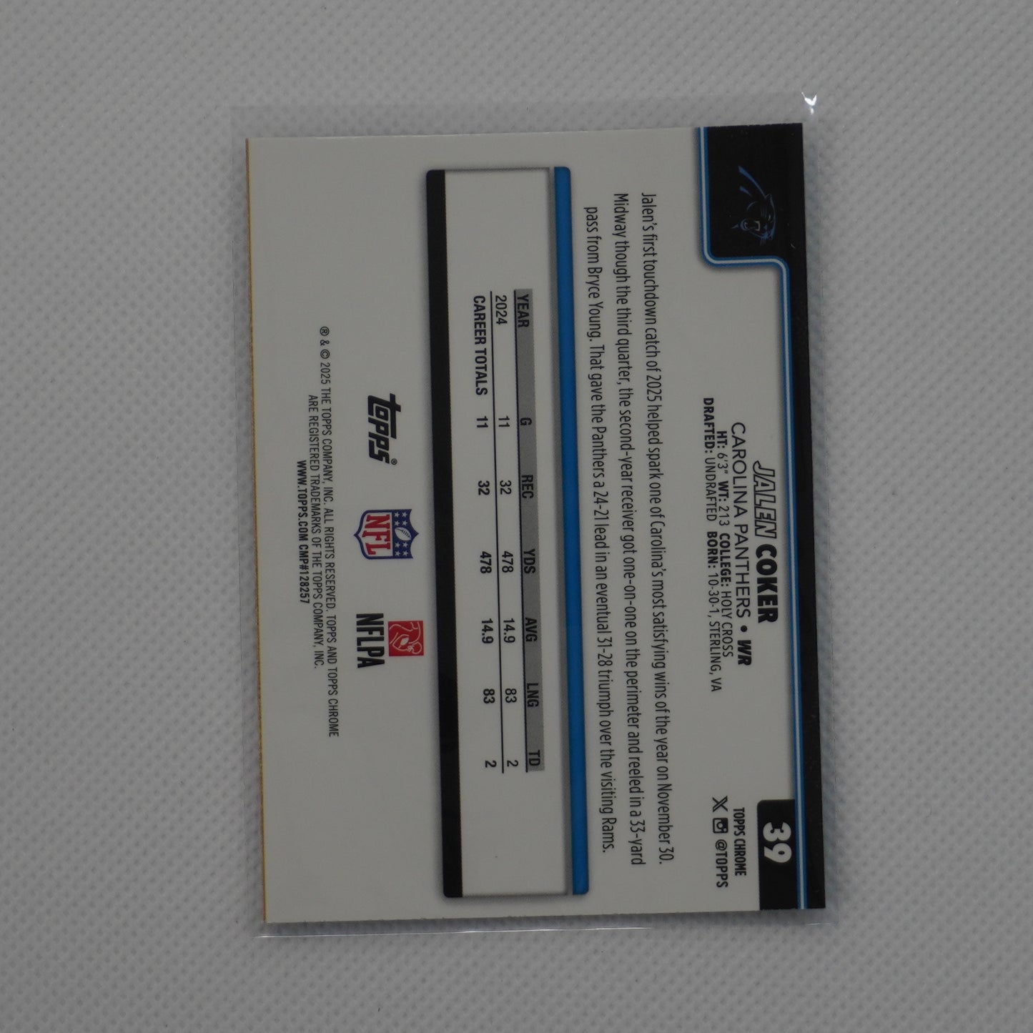2025 Topps Chrome #39 Jalen Coker Pulsar Refractor Carolina Panthers