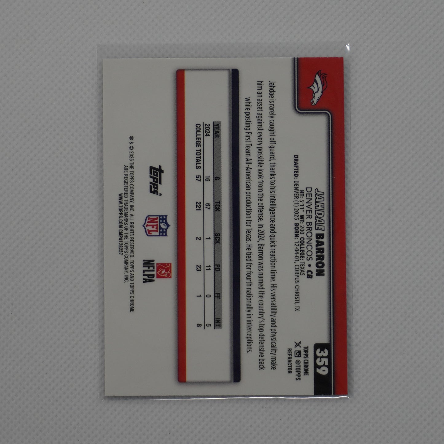 2025 Topps Chrome #359 Jahdae Barron Refractor Denver Broncos RC