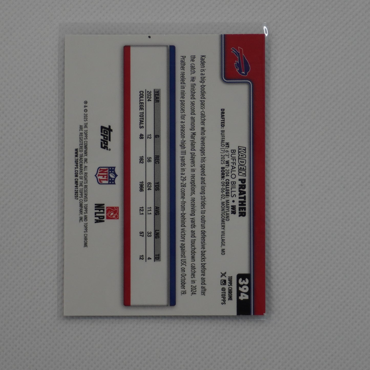 2025 Topps Chrome #394 Kaden Prather Buffalo Bills RC