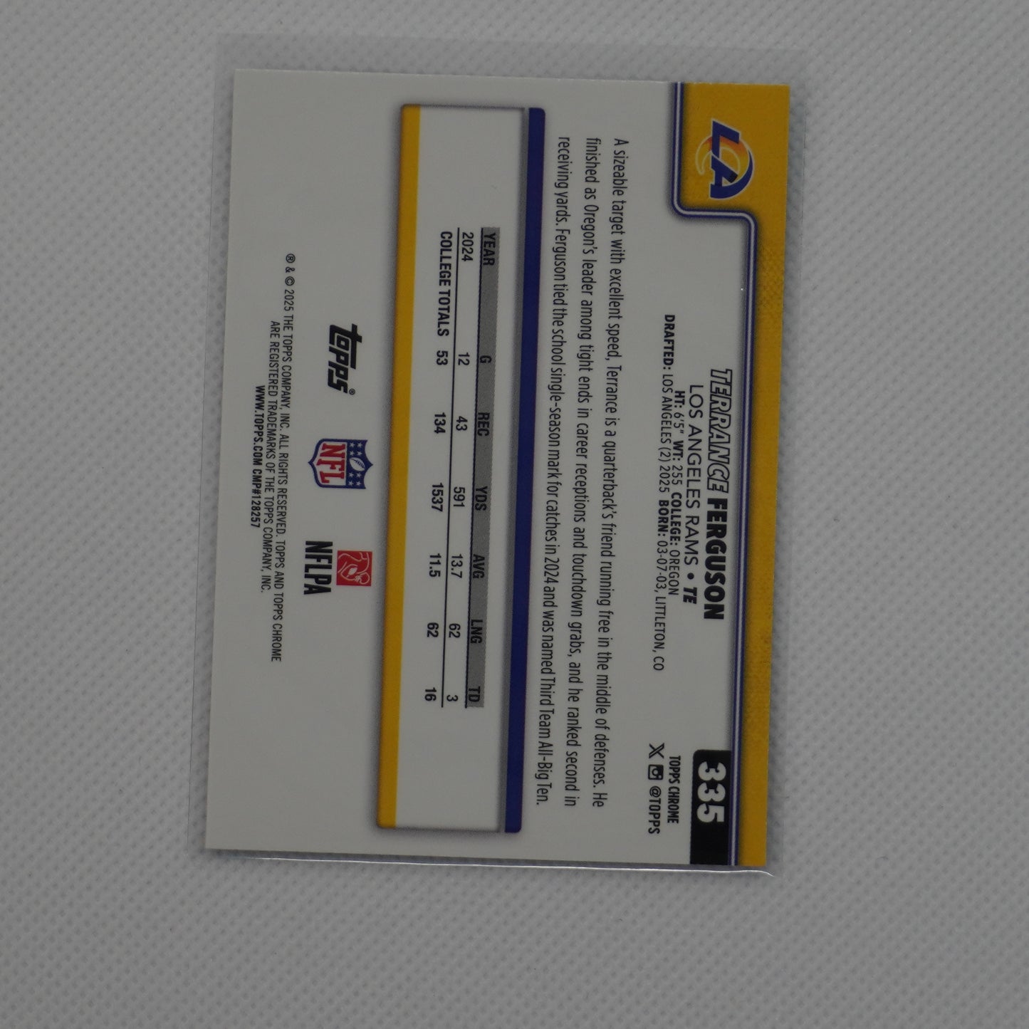 2025 Topps Chrome #335 Terrance Ferguson Los Angeles Rams RC