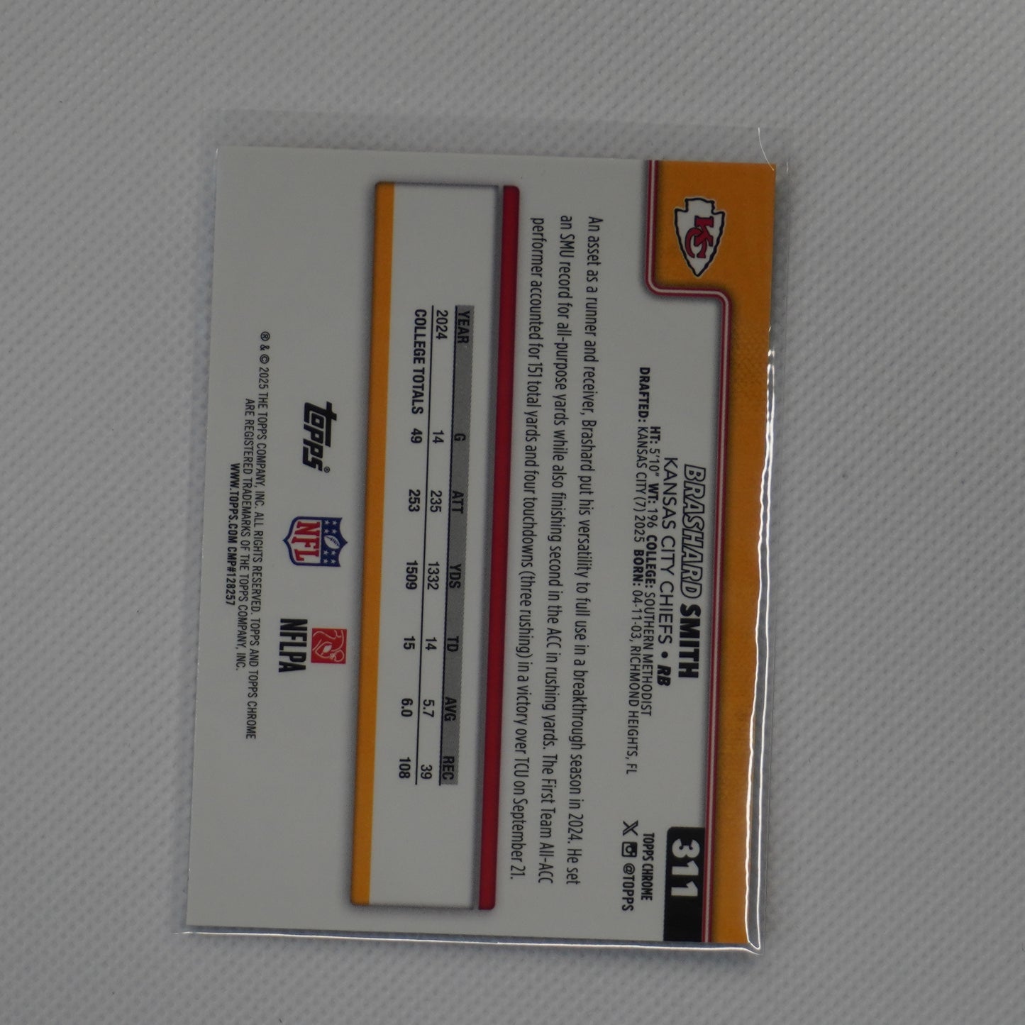 2025 Topps Chrome #311 Brashard Smith Kansas City Chiefs RC