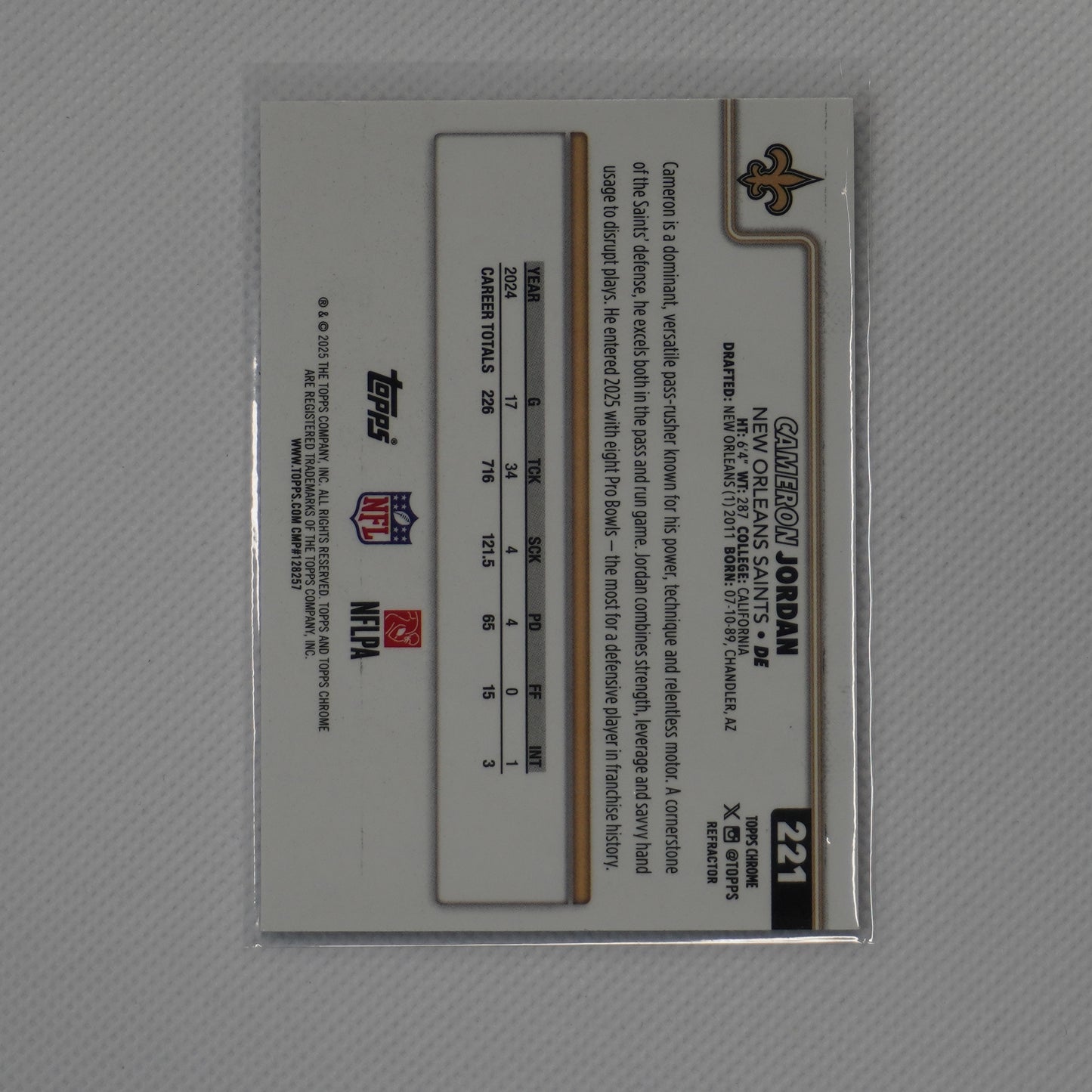 2025 Topps Chrome #221 Cameron Jordan Refractor New Orleans Saints