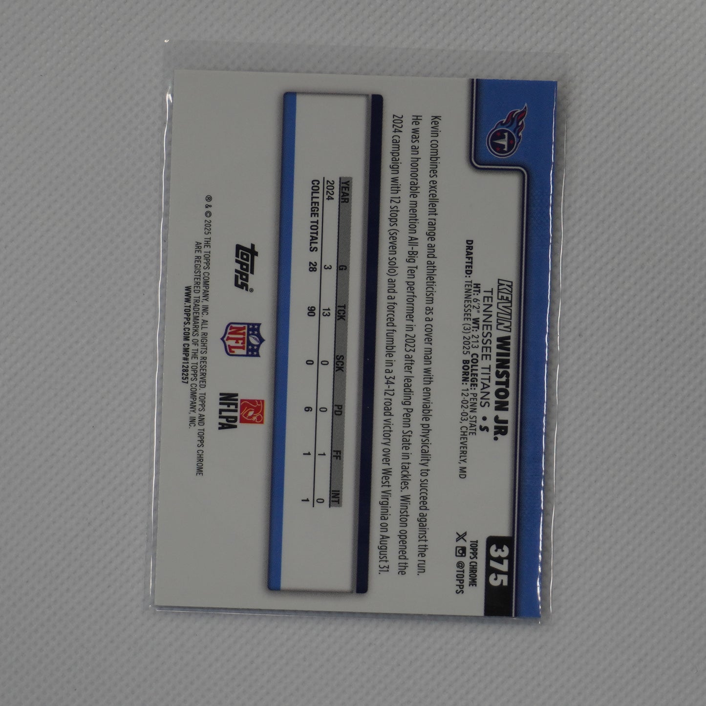 2025 Topps Chrome #375 Kevin Winston Jr. Tennessee Titans RC