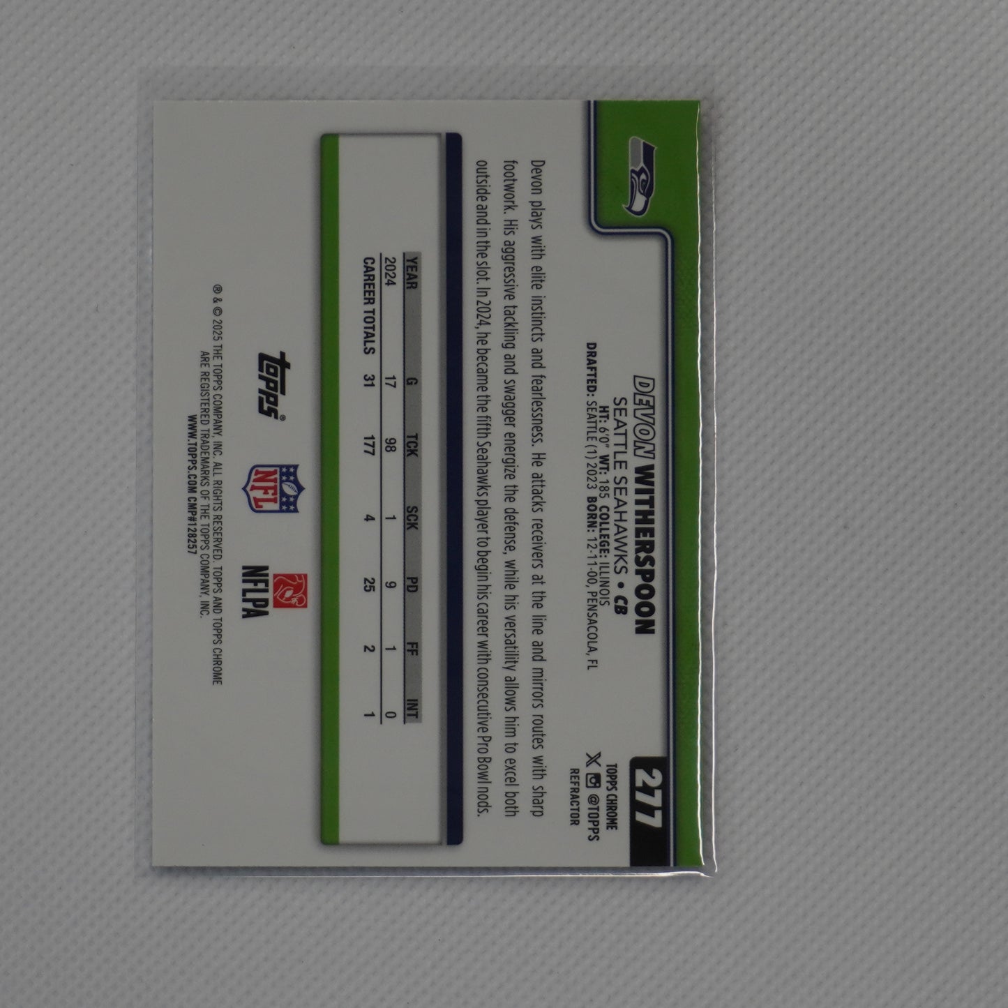2025 Topps Chrome #277 Devon Witherspoon Refractor Seattle Seahawks