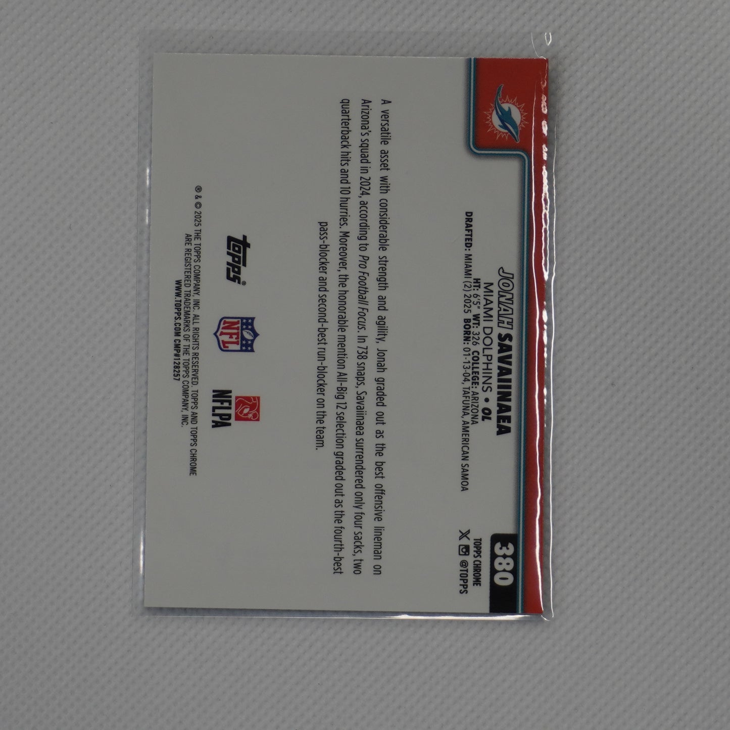 2025 Topps Chrome #380 Jonah Savaiinaea Miami Dolphins RC