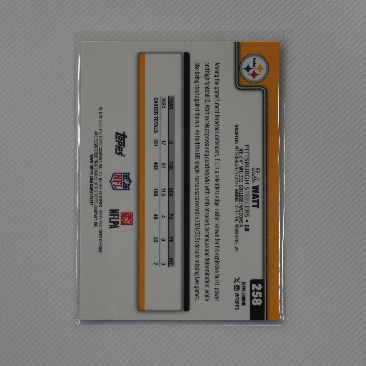 2025 Topps Chrome #258 T.J. Watt X-Fractor Pittsburgh Steelers