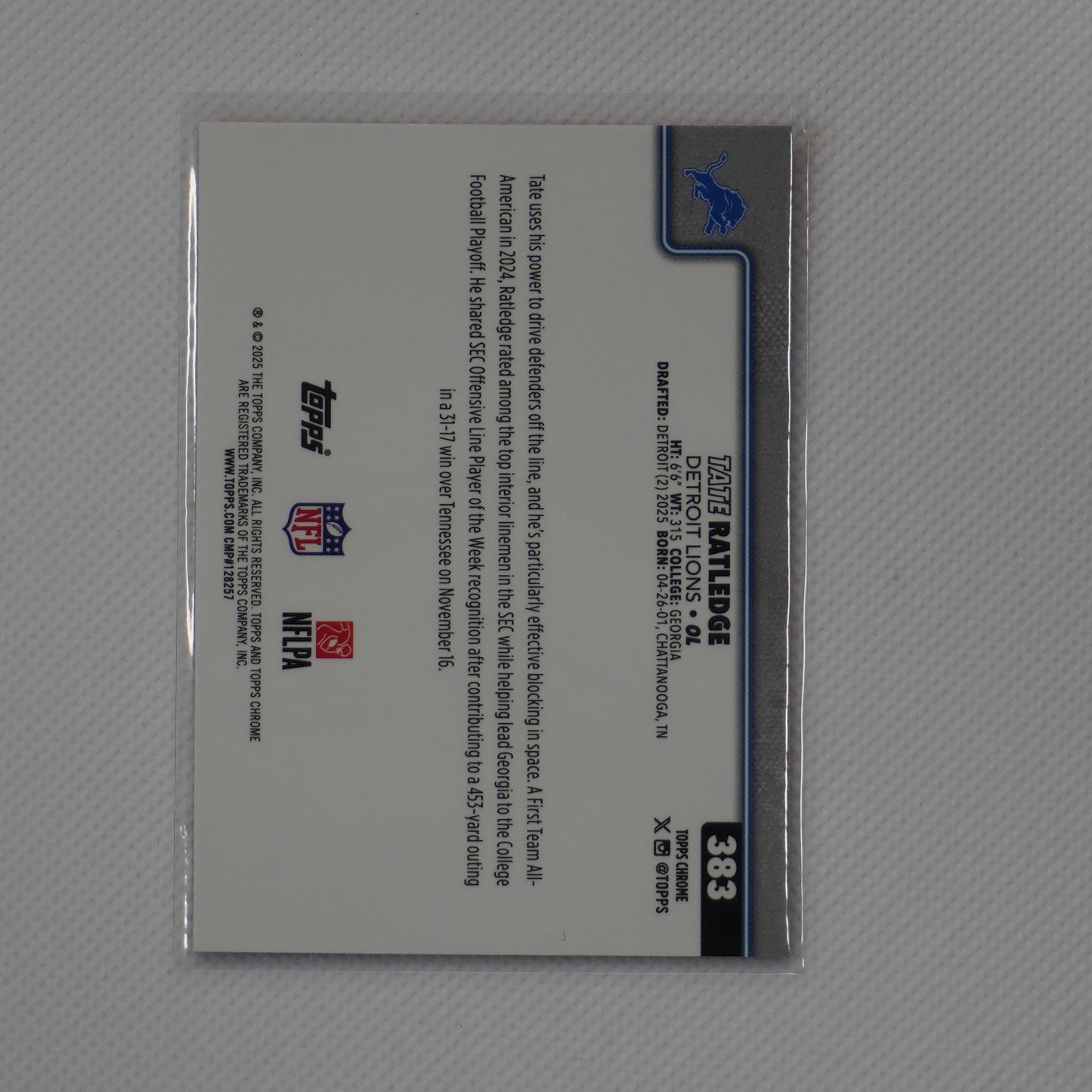 2025 Topps Chrome #383 Tate Ratledge Hot Pink X-Fractor Detroit Lions RC