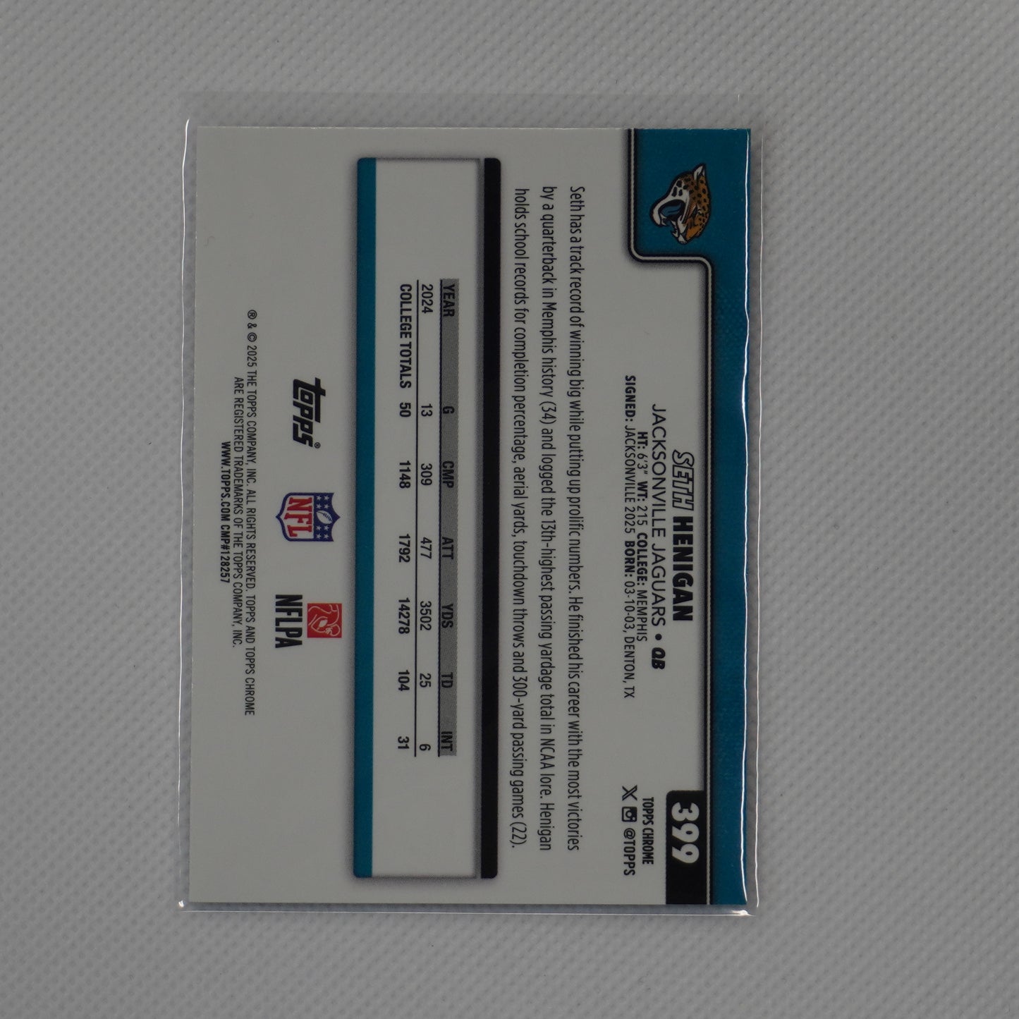 2025 Topps Chrome #399 Seth Henigan Jacksonville Jaguars RC