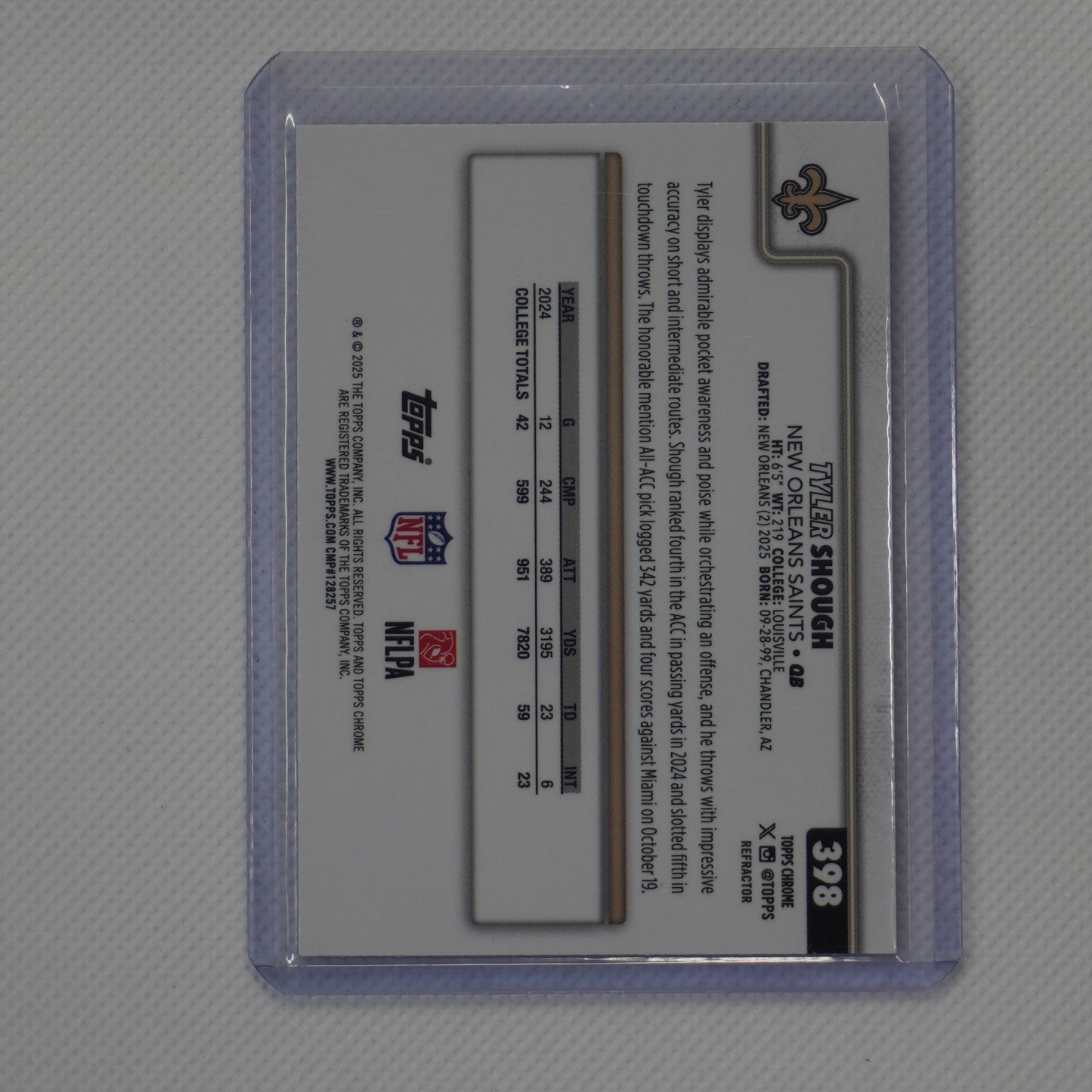 2025 Topps Chrome #398 Tyler Shough Refractor New Orleans Saints RC