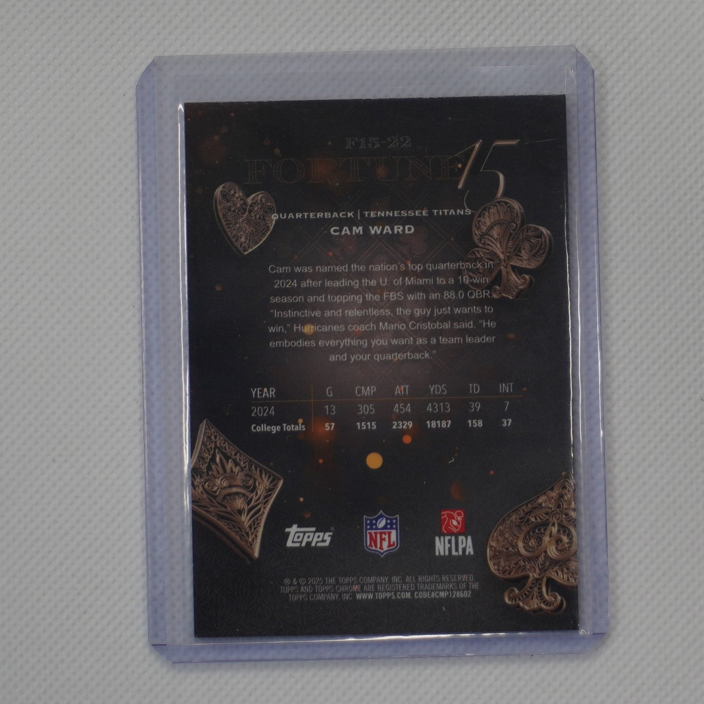 2025 Topps Chrome #F15-22 Cam Ward Fortune 15 Tennessee Titans