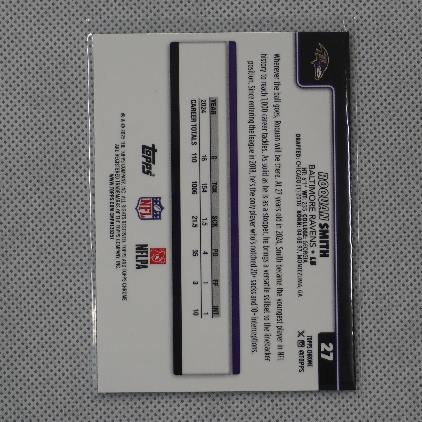 2025 Topps Chrome #27 Roquan Smith Pulsar Refractor Baltimore Ravens