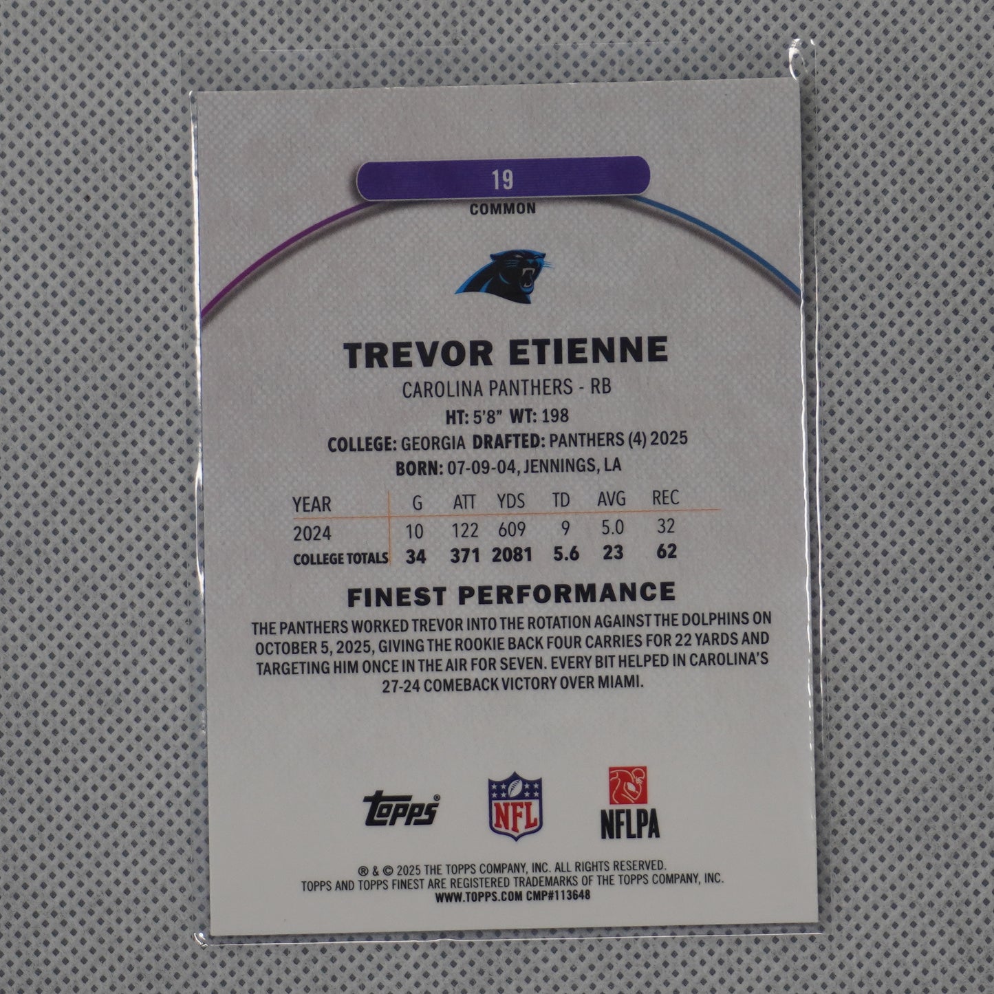 2025 Finest #19 Trevor Etienne Carolina Panthers RC