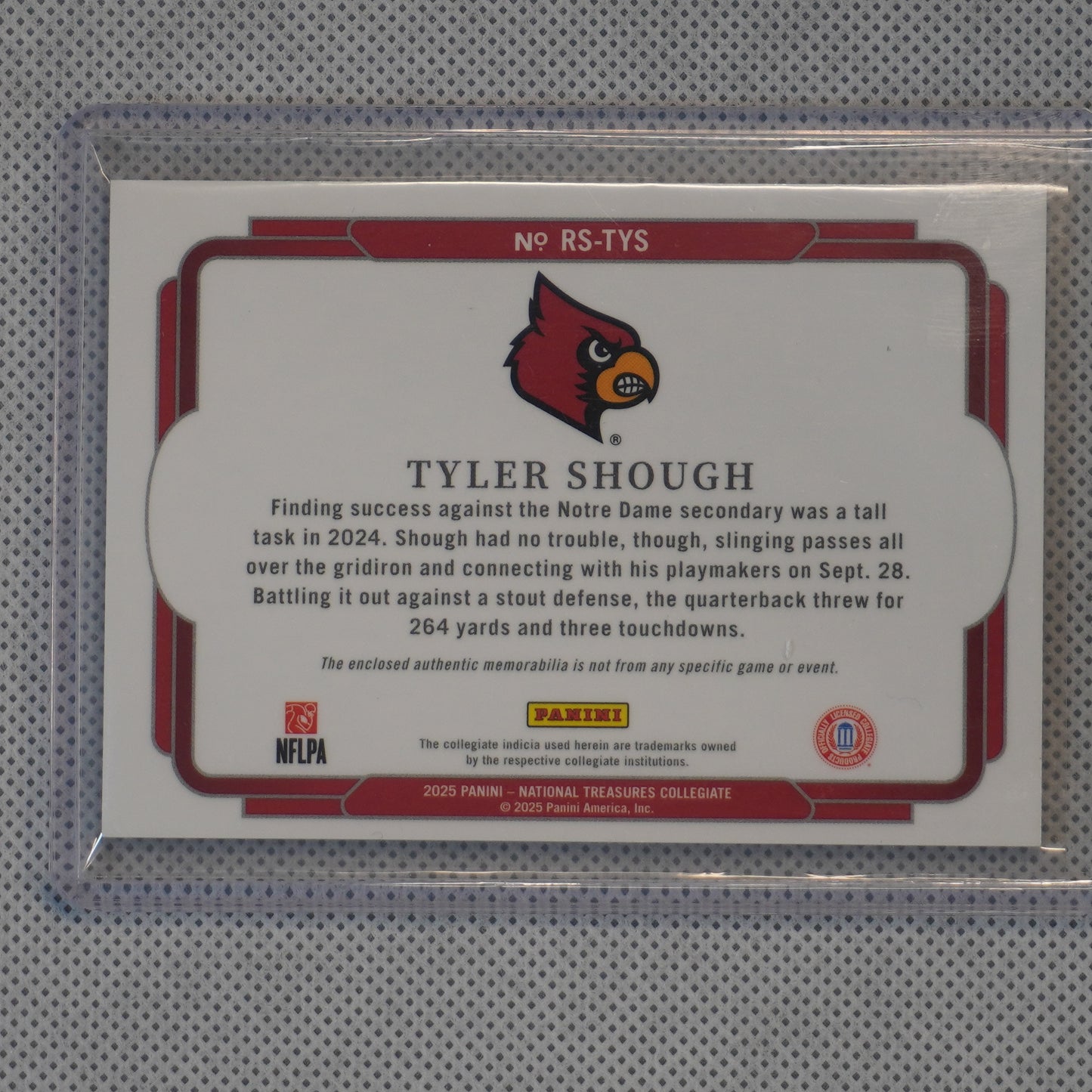 2025 Panini National Treasures Collegiate #RS-TYS Tyler Shough Jumbo Patch #'d/49 Louisville Cardinals SN
