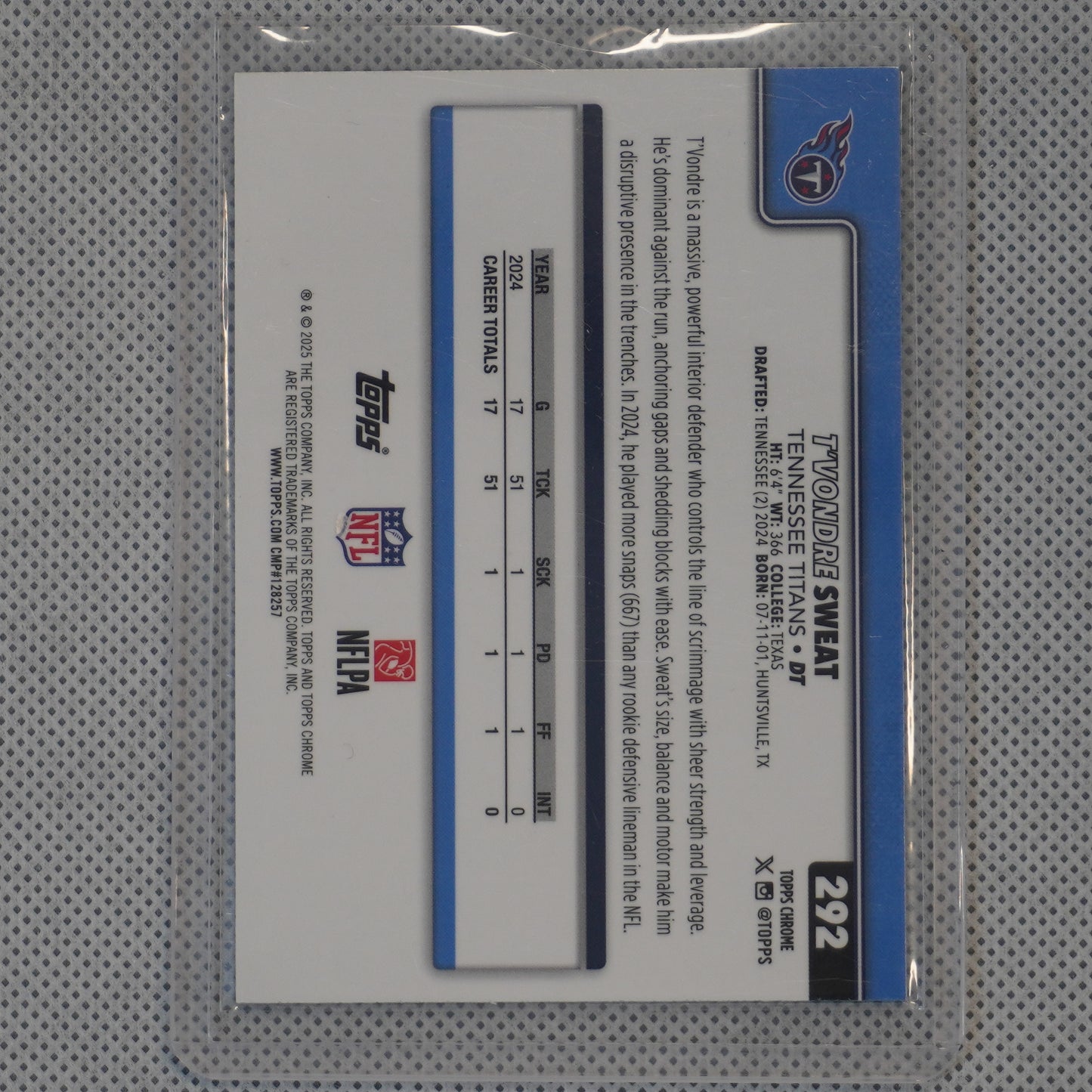 2025 Topps Chrome #292 T'Vondre Sweat Teal Refractor #/299 Tennessee Titans SN