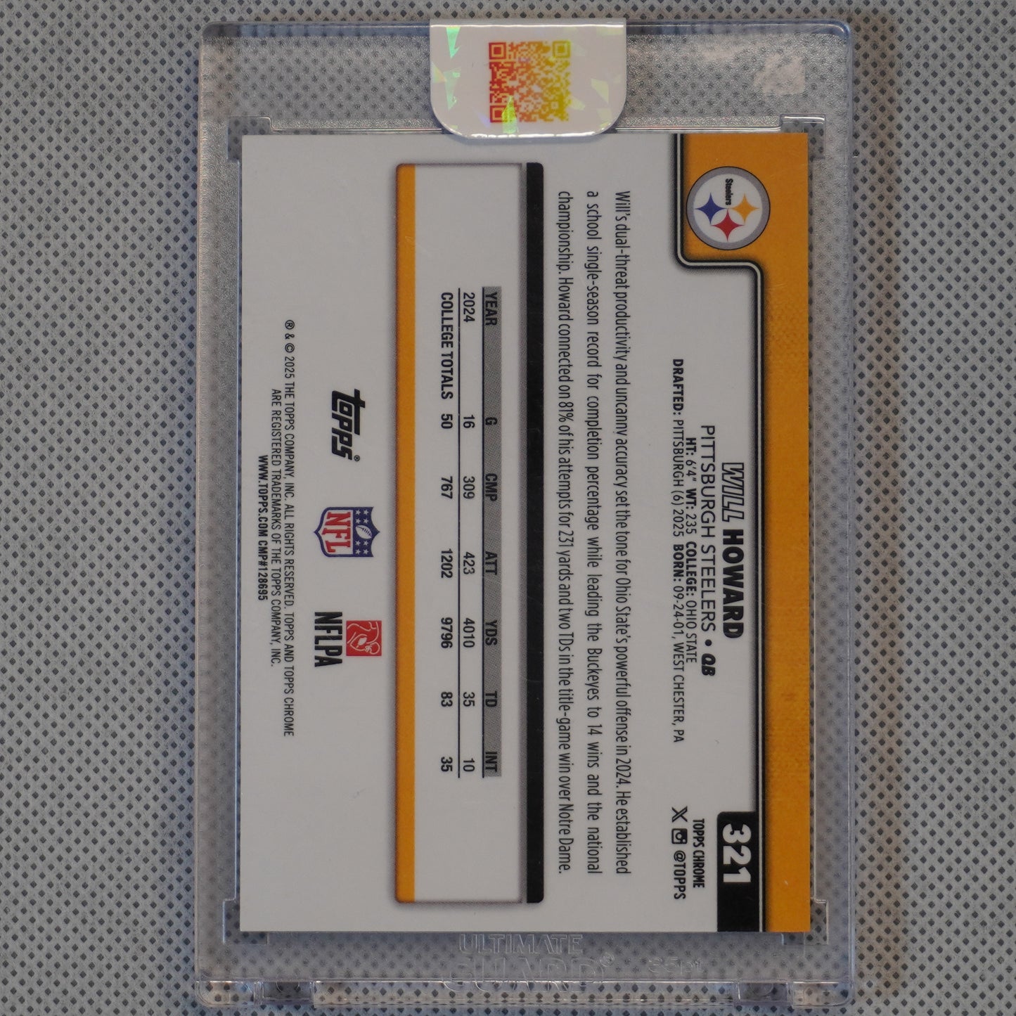 2025 Topps Chrome #321 Will Howard Etch Black Refractor 10/10 Jersey Match Pittsburgh Steelers SN.RC