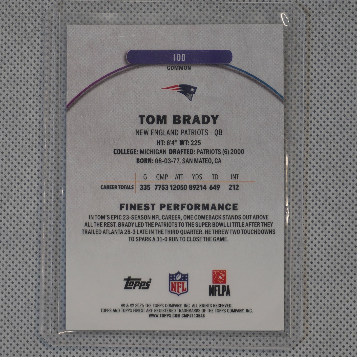 2025 Finest #100 Tom Brady Purple X-Fractor #/150 New England Patriots SN
