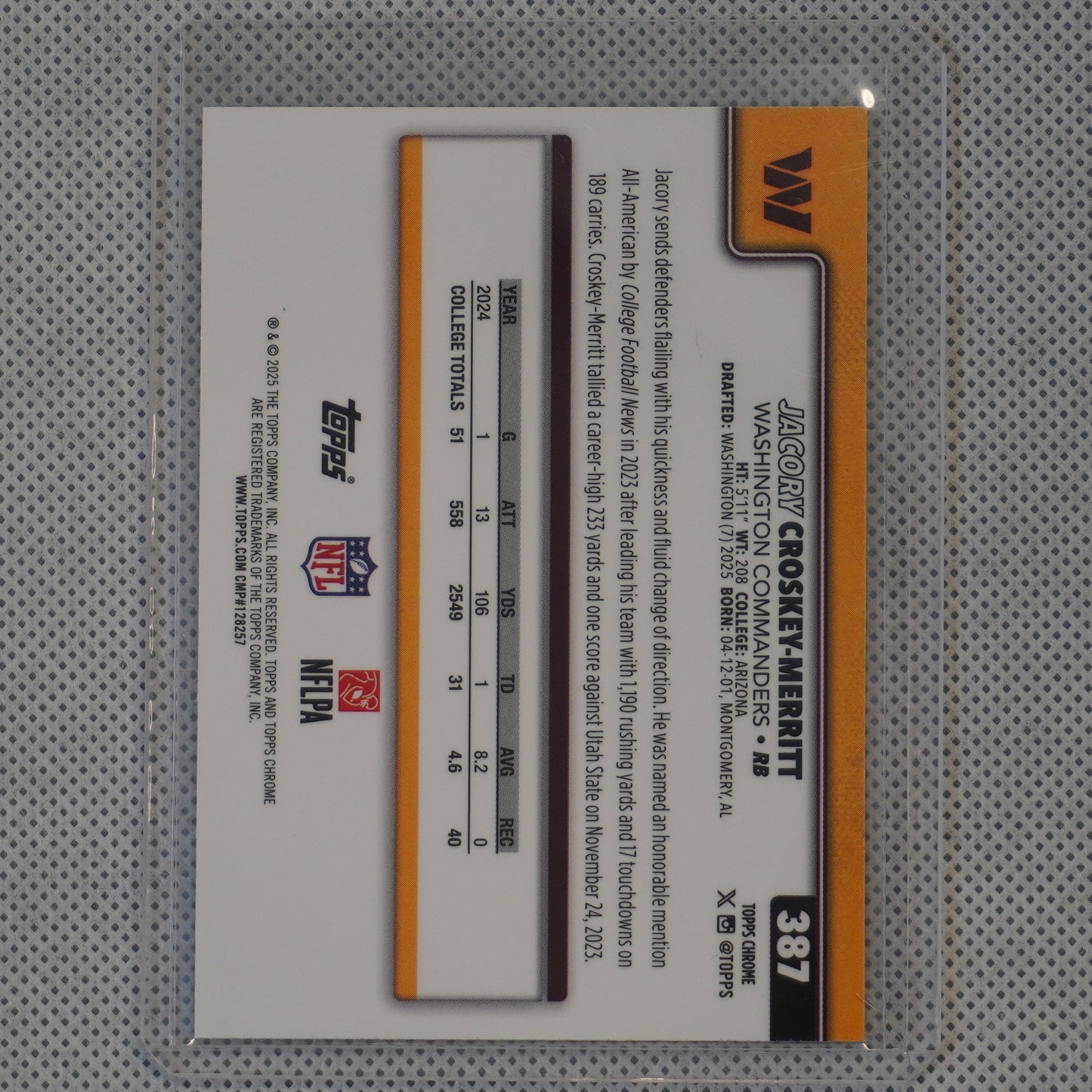2025 Topps Chrome #387 Jacory Croskey-Merritt X-Fractor Washington Commanders RC