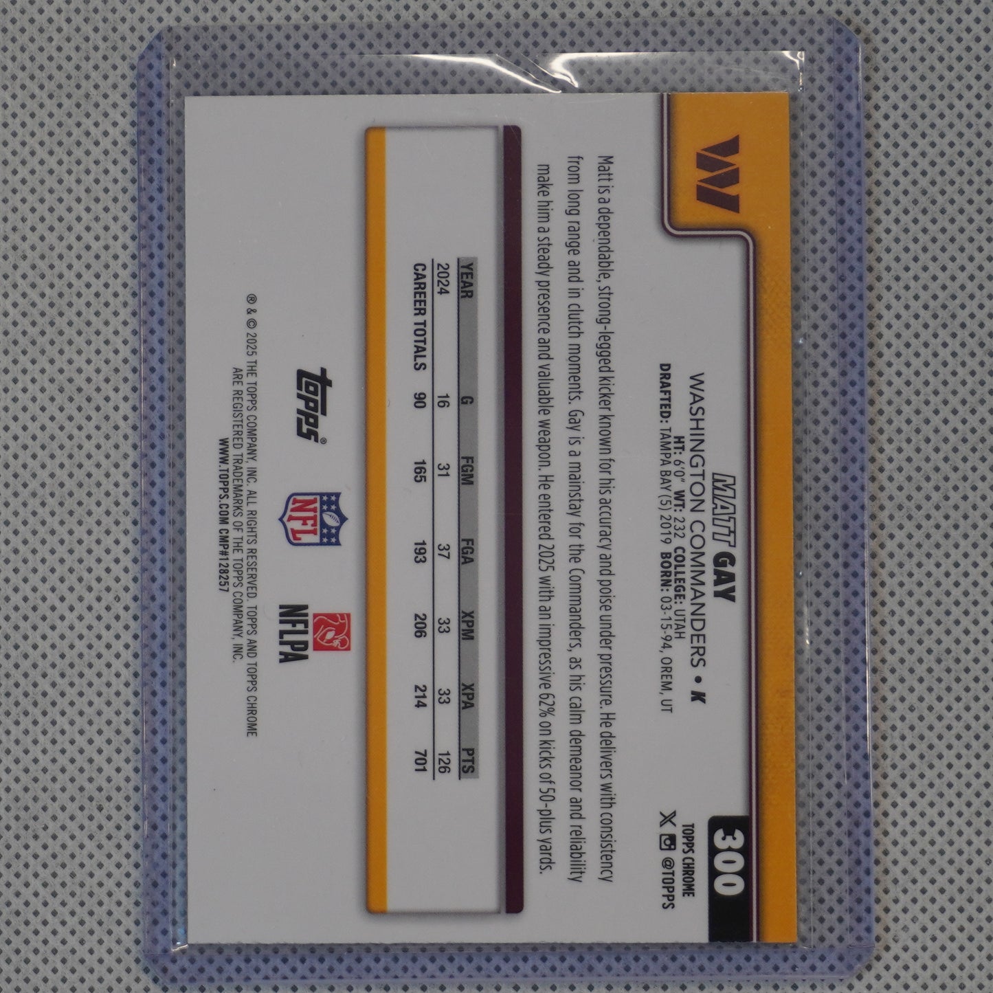 2025 Topps Chrome #300 Matt Gay Yellow Wave Refractor #/275 Washington Commanders SN