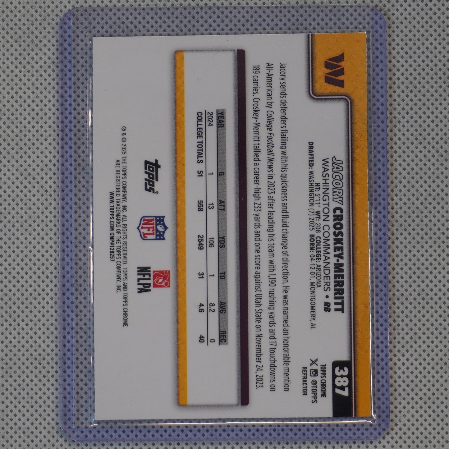 2025 Topps Chrome #387 Jacory Croskey-Merritt Refractor Washington Commanders RC