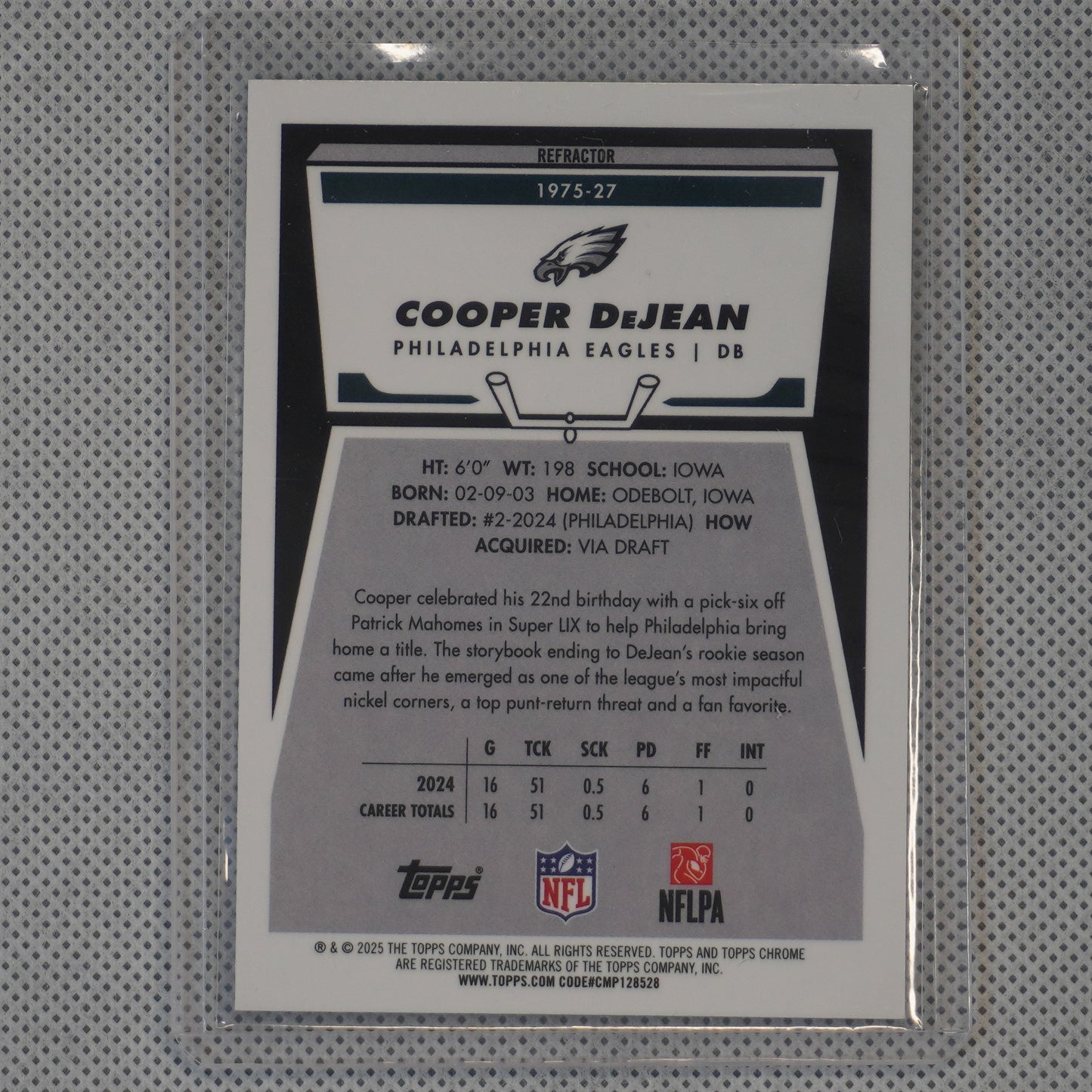 2025 Topps Chrome #1975-27 Cooper DeJean 1975 Topps Refractor Philadelphia Eagles
