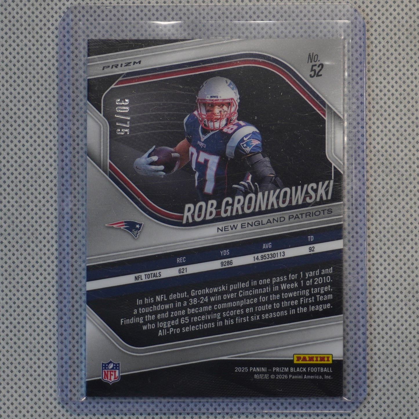 2025 Panini Prizm Black #52 Rob Gronkowski Prizms Red Power #/75 New England Patriots SN