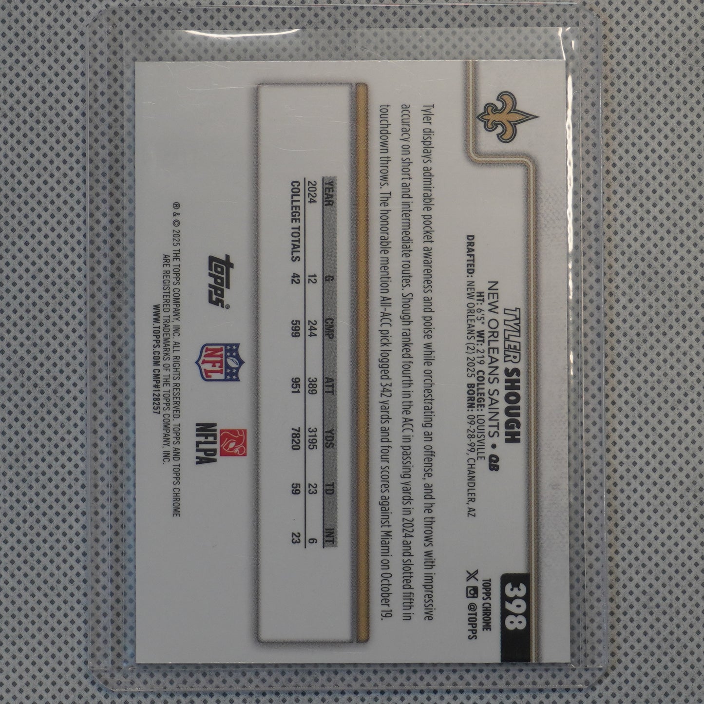 2025 Topps Chrome #398 Tyler Shough Prism Refractor New Orleans Saints RC