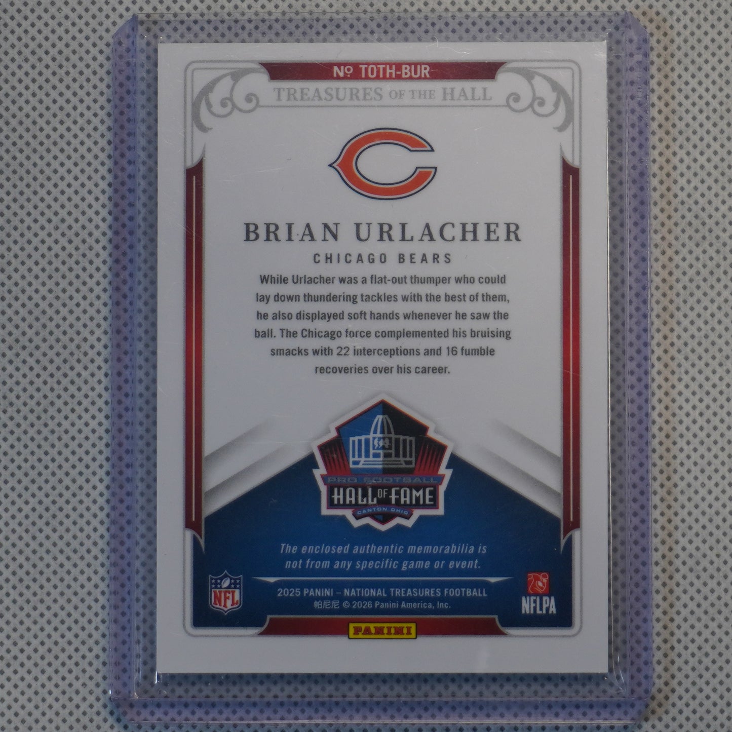2025 Panini National Treasures #TOTH-BUR Brian Urlacher Treasures of the Hall Holo Silver #/10 Chicago Bears SN,MEM